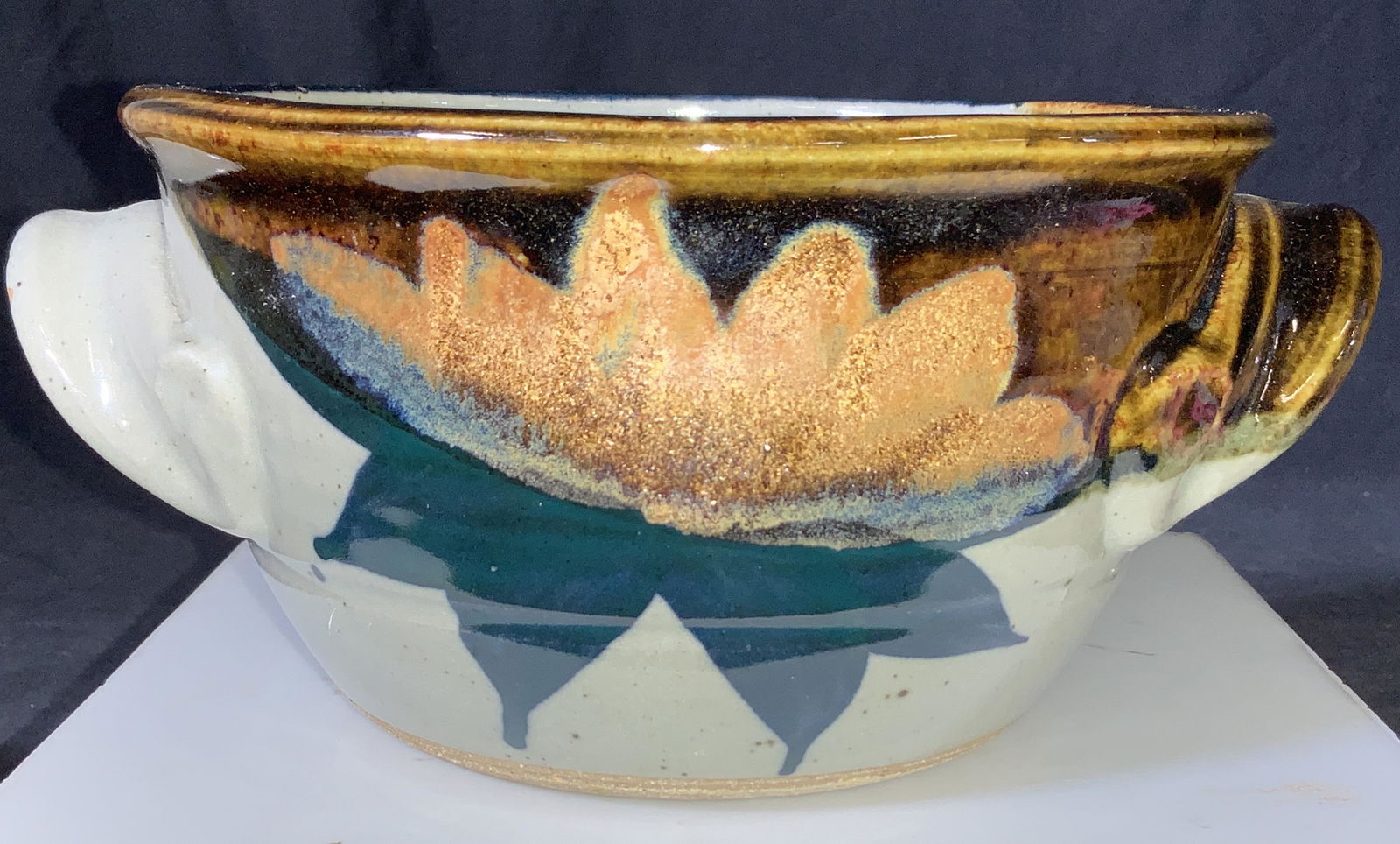 Lotus Flower MC Style Glazed Bowl, Signed (1 of 6)