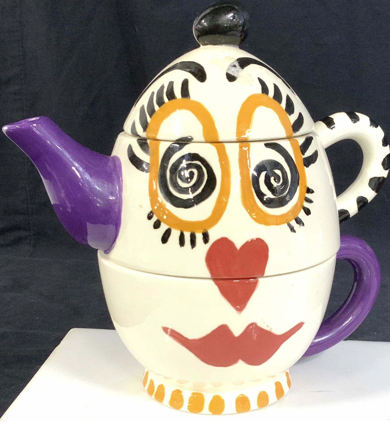 Ceramic Hand Painted Teapot and Cup, signed (1 of 6)