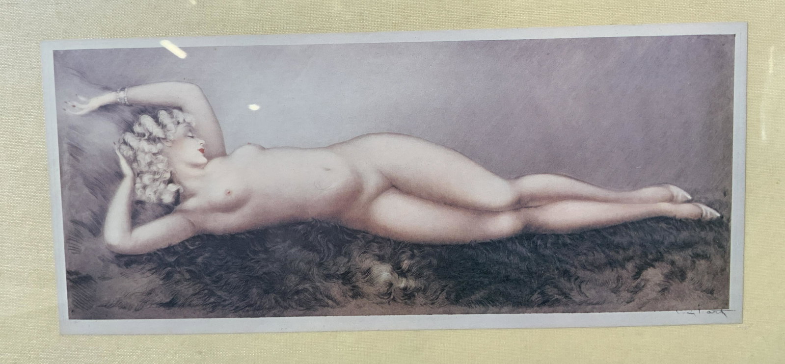 Signed Reclined Female Nude Framed Lithograph: Reclined Female Nude Framed Lithograph, signature to lower right illegible, verso reads ‘John Paul called this ‘repose’’, subject a white female nude reclined wearing shoes and a bracelet, fra