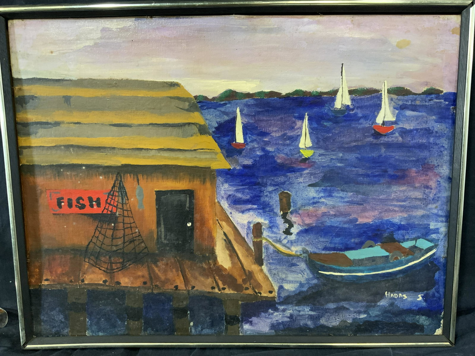 HADAS Signed Oil on Panel Fish Market: HADAS Signed Oil on Panel Fish Market, signature to lower right reads ‘Hadas S.’ Subject a fish market on a dock with a boat docked and sail boats in the background, measures 24 3/4 x 19 1/4 inche