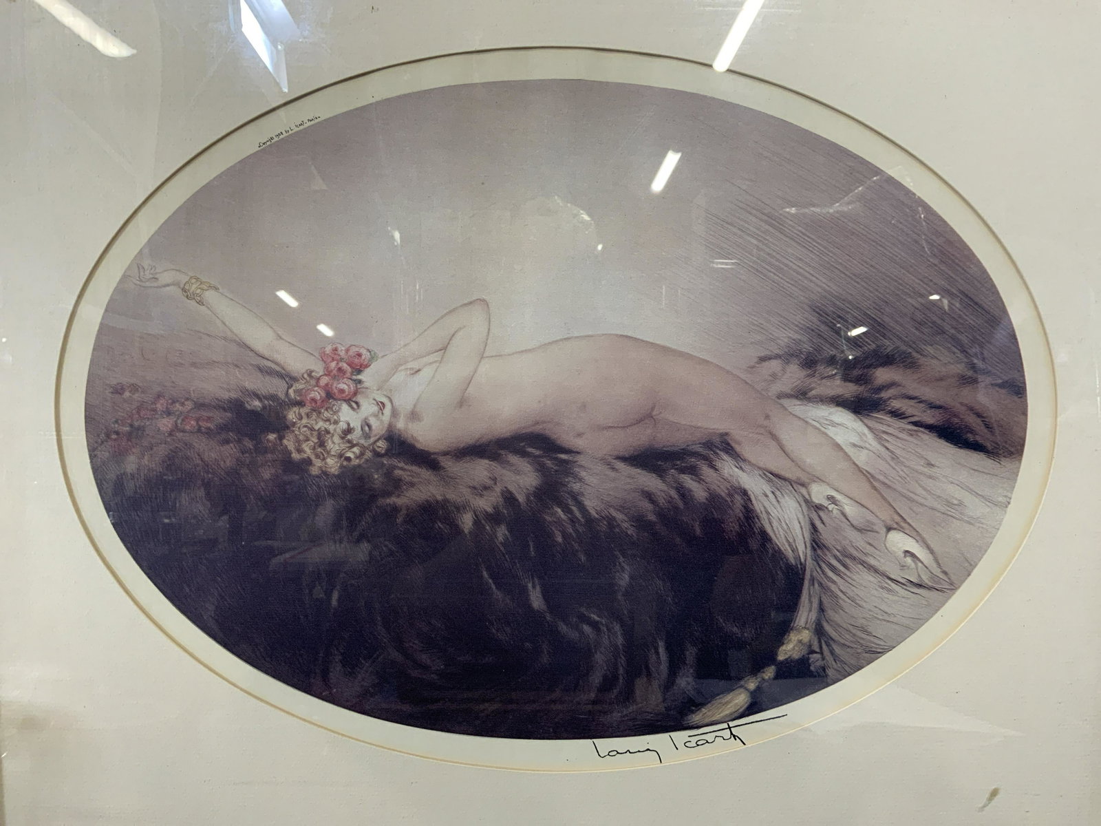 VINTAGE LOUIS IVART Lithograph: LOUIS ICART Vintage Lithograph, inscriptions to lower right read ‘Louis Icart’, inscriptions to upper left read ‘Copuright in Paris 1928’, measures 25 1/2 x 21 inches, window has a diameter of