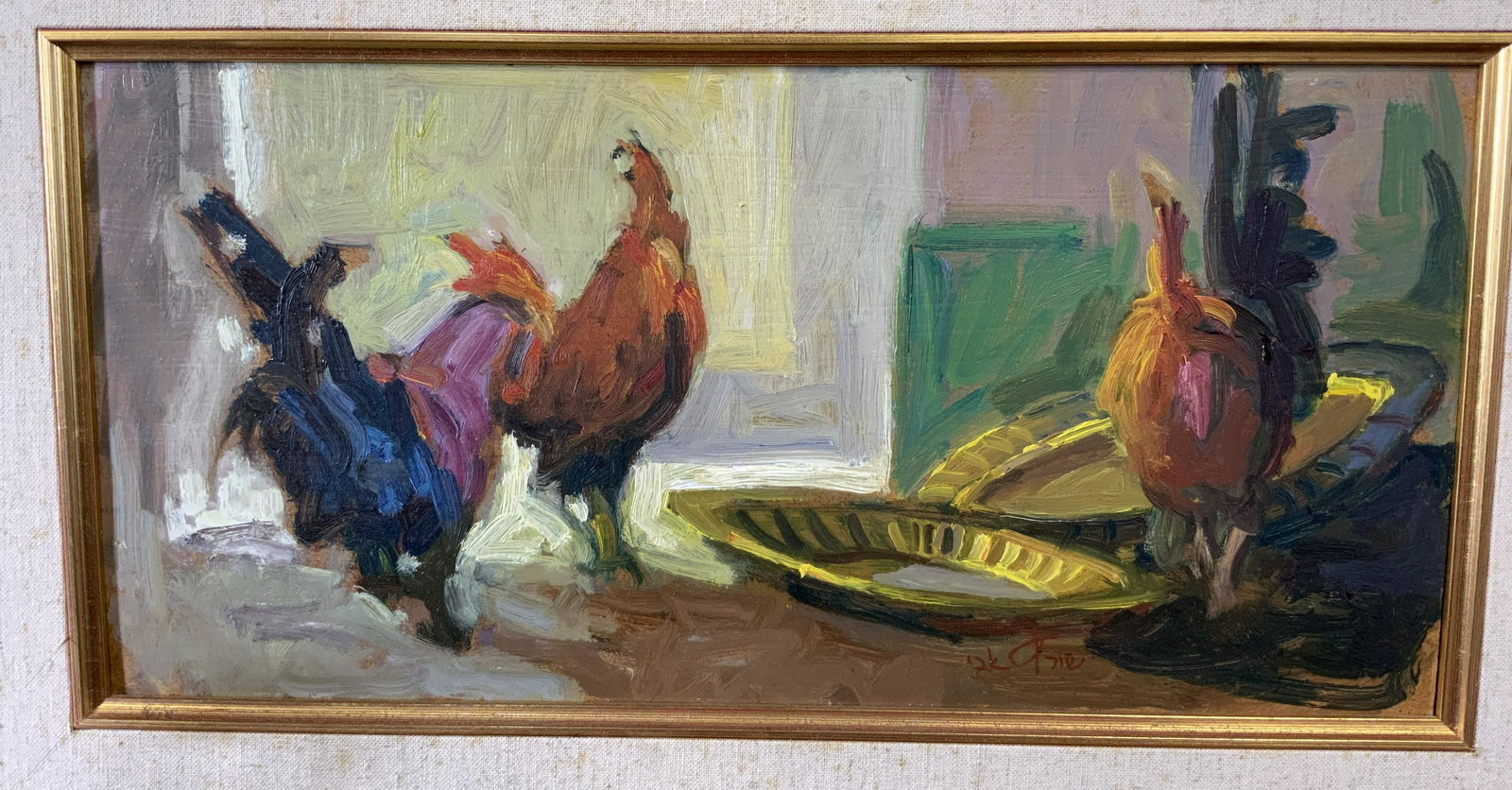 Signed Oil on Panel of Roosters: Signed Oil on Panel of Roosters, signature to lower illegible, show three roosters with feeding on a plate, measures 26 3/4 x 17 1/4 inches, window measures 17 3/4 x 18 1/2 inches, gold tone wood fram