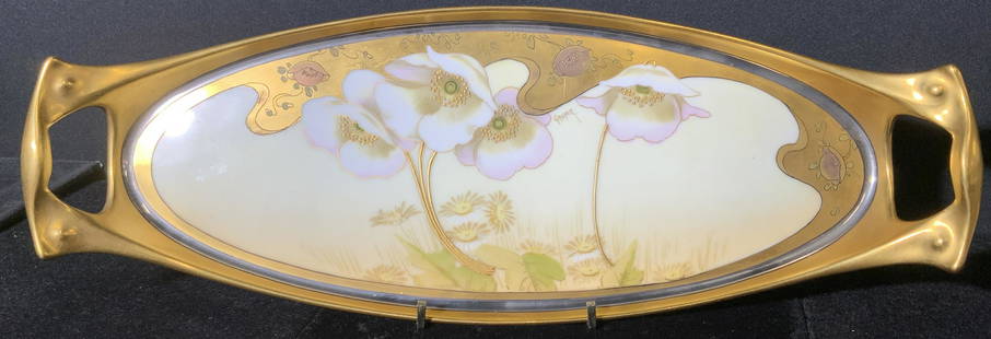 PICKARD Hand Painted Porcelain Dish: Hand painted handled dish, by PICKARD CHINA. Hand painted illustrations depict several flowers, details highlighted with gilt paint, rim and handles colored with gilt paint, illustrations signed GASPE