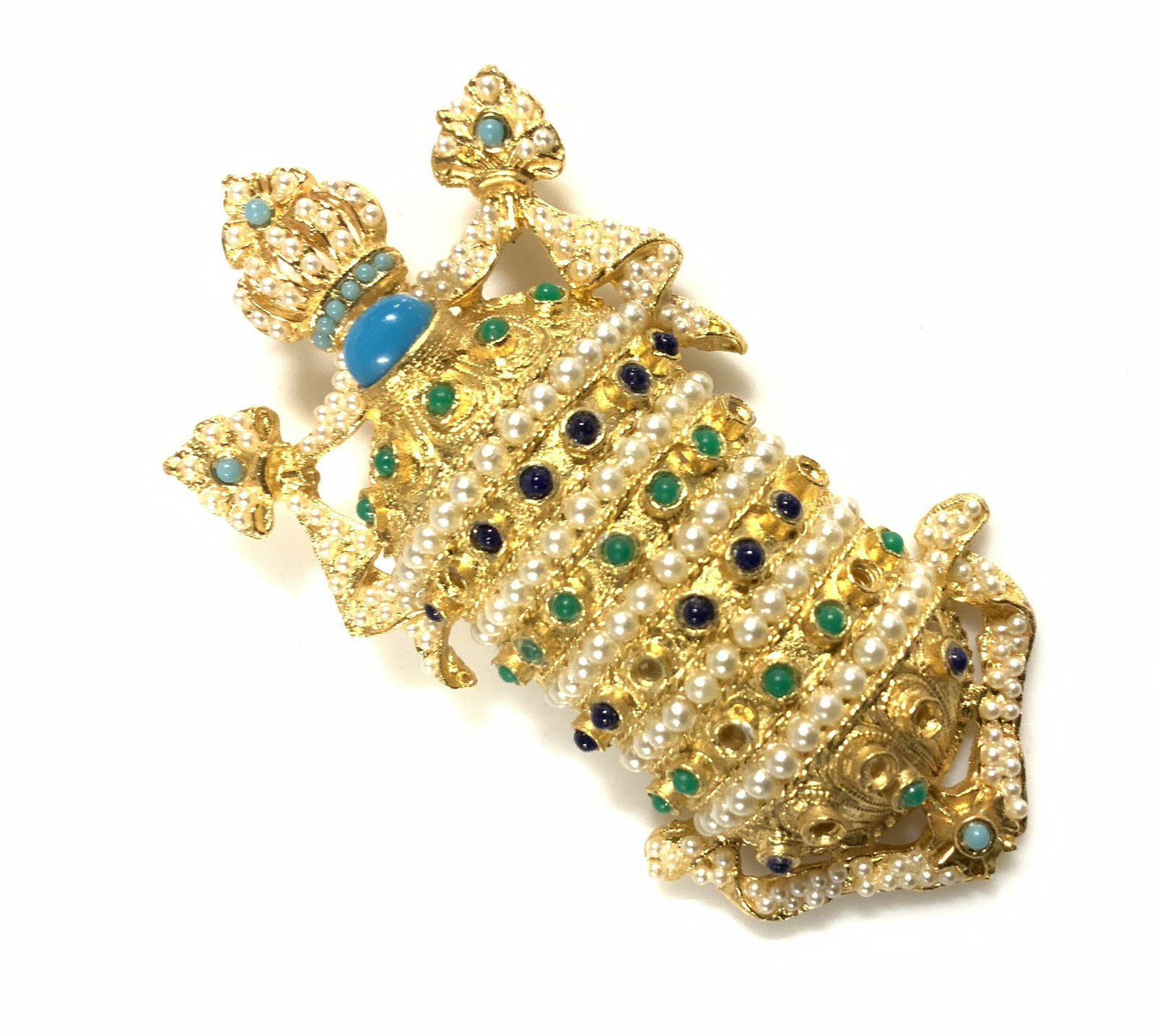 CADORO Signed Cocktail Pendant, Jewelry: Statement Costume Pendant Piece, Signed CADORO. encrusted with seed bead costume pearls and and other Cabochon stones. All in rich gold tone metal. Two bails on backside for a rope or chain. Measures 