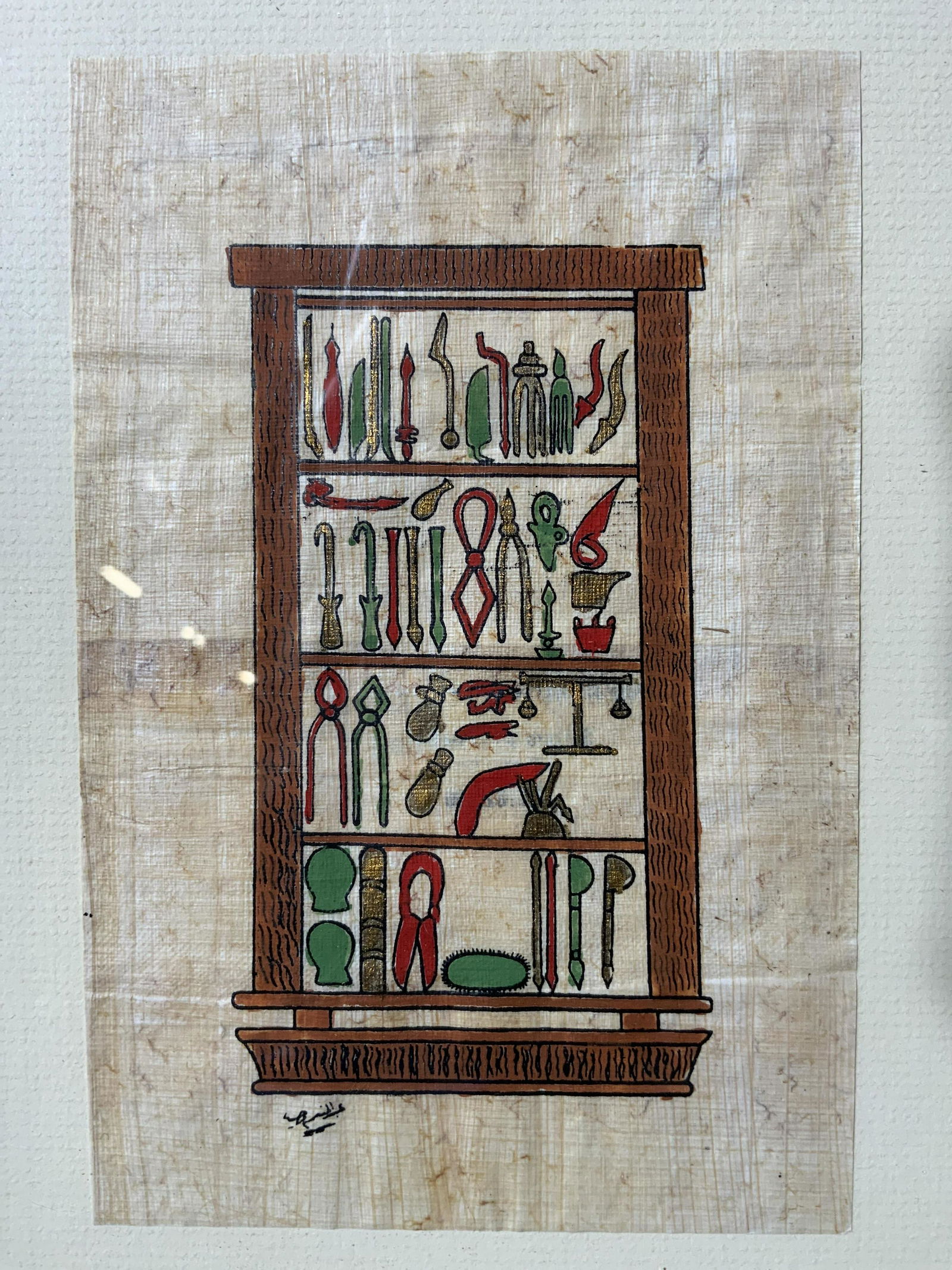 Signed Hyroglifics Paint on Papyrus: Signed Hyroglifics Paint on Papyrus, signature to lower left illegible, subject red, greed, and gold toned hyroglifics depicted on a shelf like structure, measures 7 x 10 inches, framed in wood, surfa