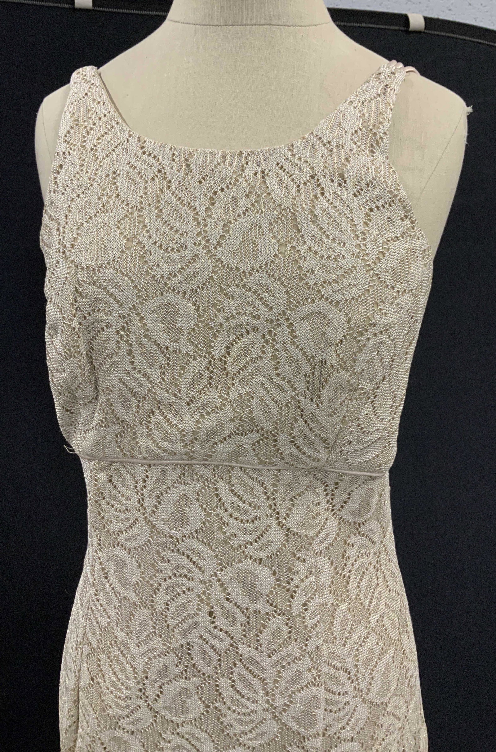 Vintage Ladies Dress with Matador Style Jacket: BARI JAY designer Fabric Metallic dress, lined with nude fabric. Size 6. Beige with metallic threads, zippered on side with multi cross back straps. Matching matador jacket, use as separates or togeth