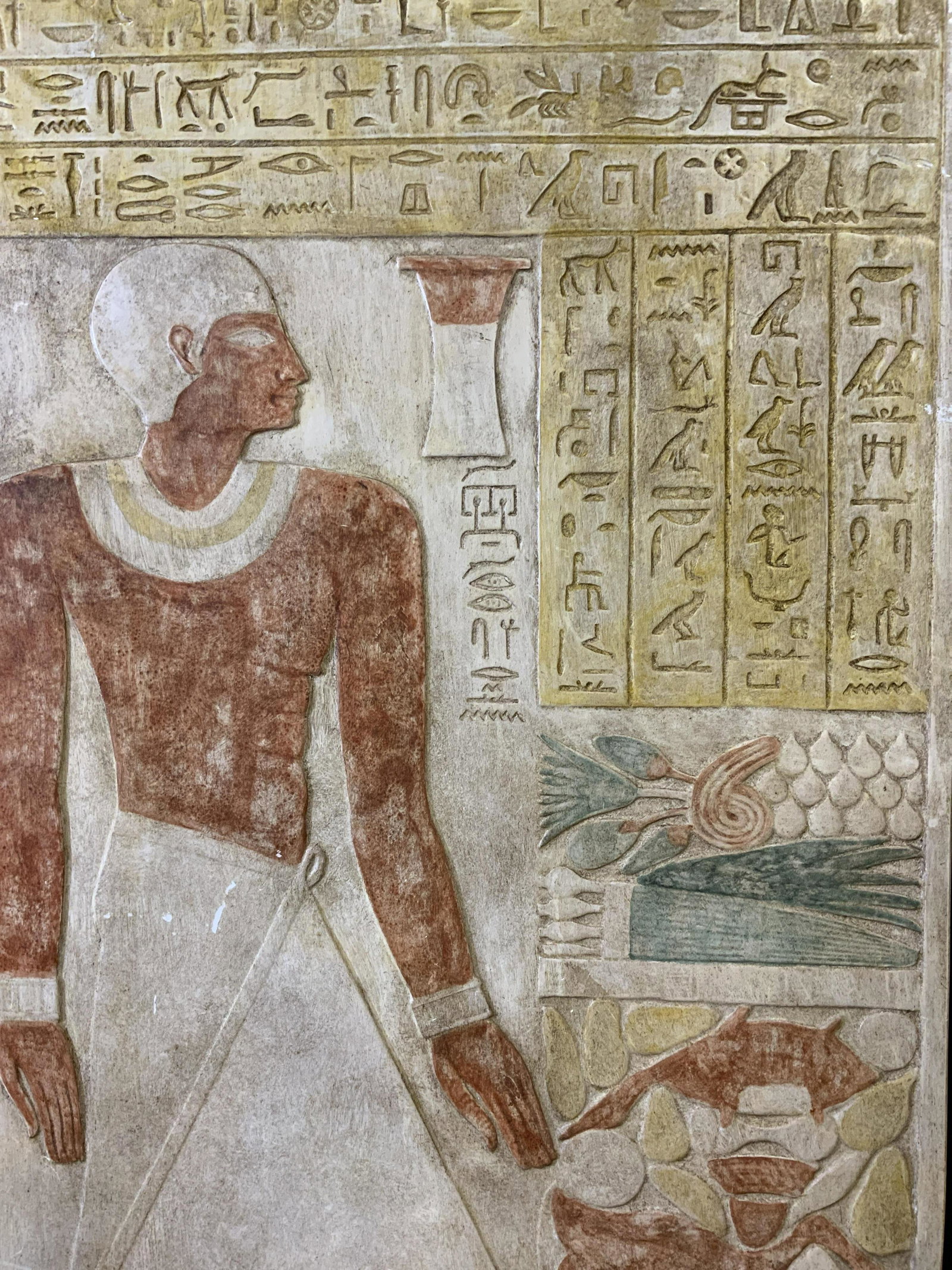 Carved Ceramic Slab w/ Egyptian Style Hieroglyphic: Carved Ceramic Slab w/ Egyptian Style Hieroglyphic, no apparent inscriptions to piece, subject a man in profile surrounded by ancient Egyptian scripture as well as illustrations of different foods, pe