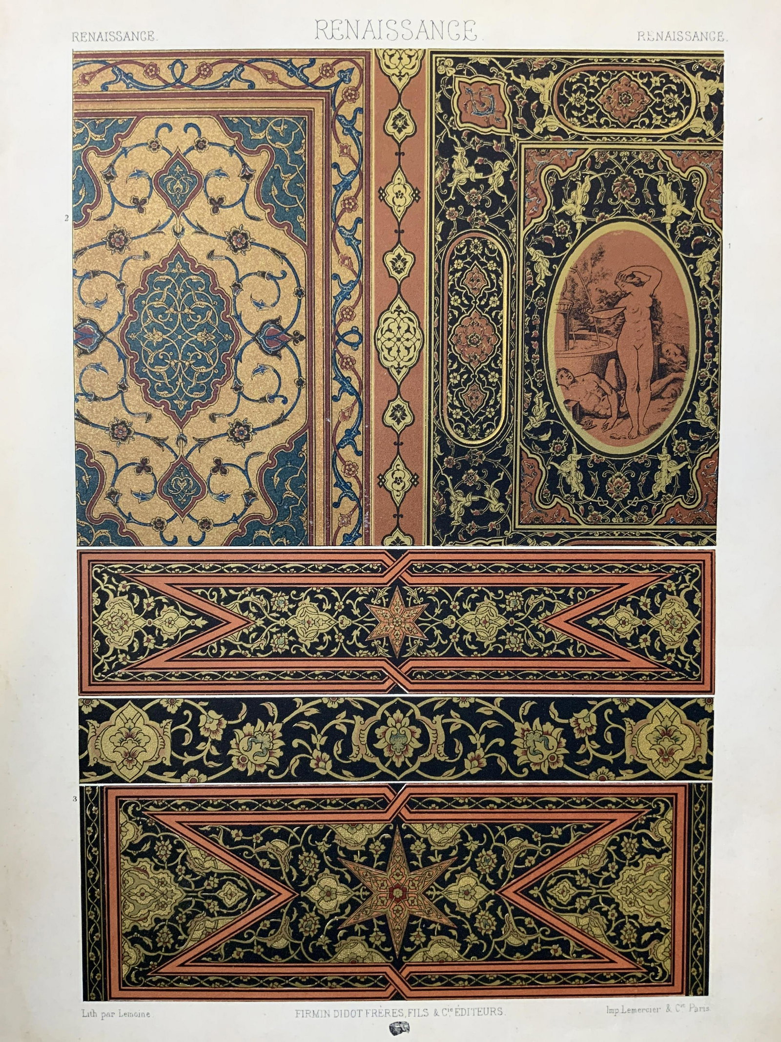 Antique Renaissance L'ornement Polychrome: Antique Renaissance L'ornement Polychrome, inscription to lower left reads ‘Lith par Lemoine’, subject print of Renaissance decorative arts and patterns for tapestries, piece measures 16 x 20 inch