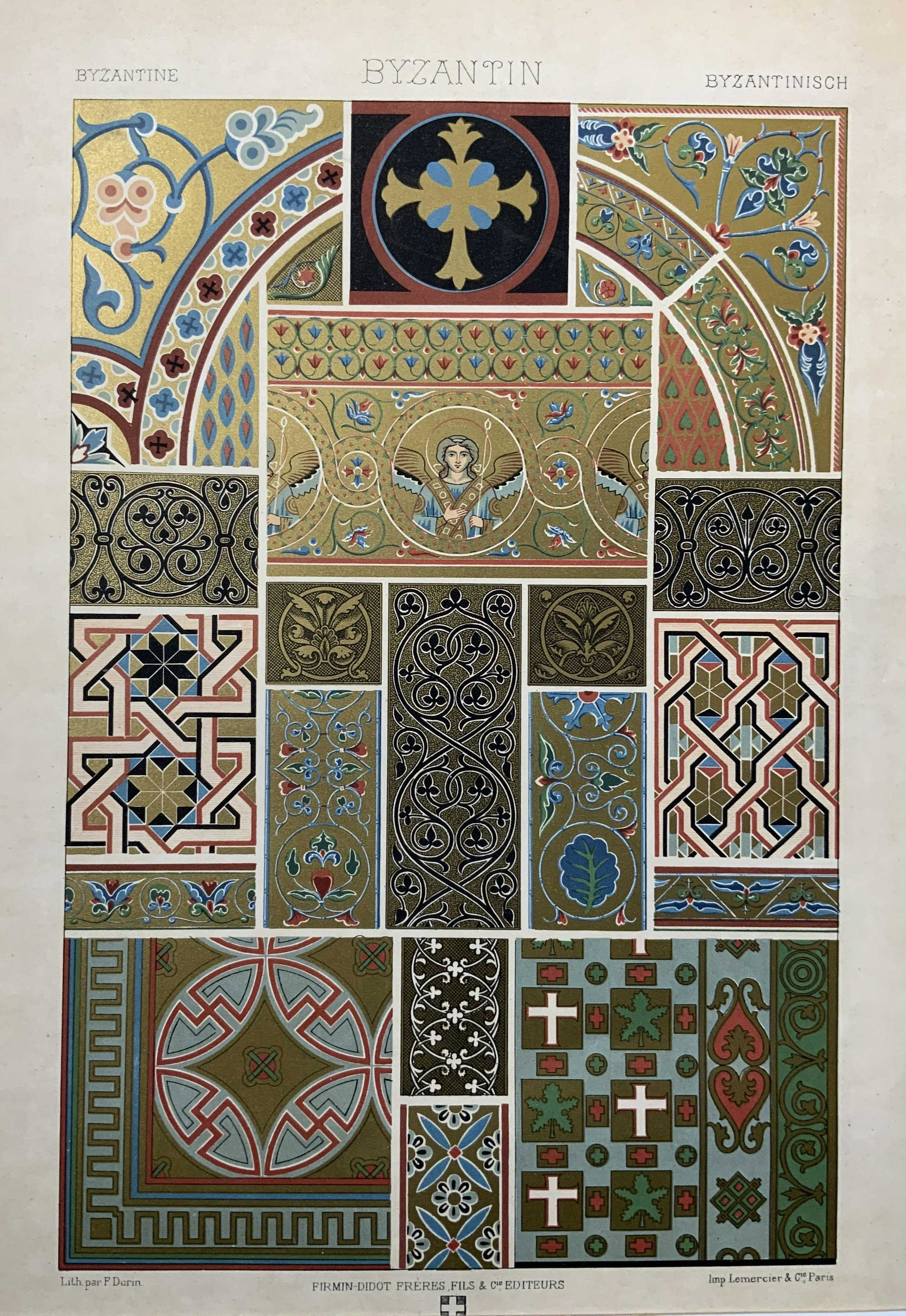 Antique Byzantine L'ornement Polychrome: Antique Byzantine L'ornement Polychrome, inscription to lower left reads ‘Lith par F Durin’, subject print of Byzantine decorative arts and patterns, piece measures 16 x 20 inches, window measures