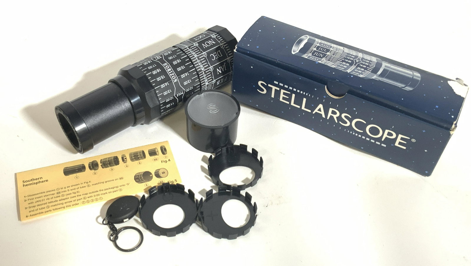 Vintage French STELLARSCOPE W/ Original Packaging: A vintage STELLARSCOPE contained in its original packaging. Attachments and pamphlet are contained within packaging. Appears to have all pieces. Box has some wear. Box measures approx 3H x 8.25W in. V