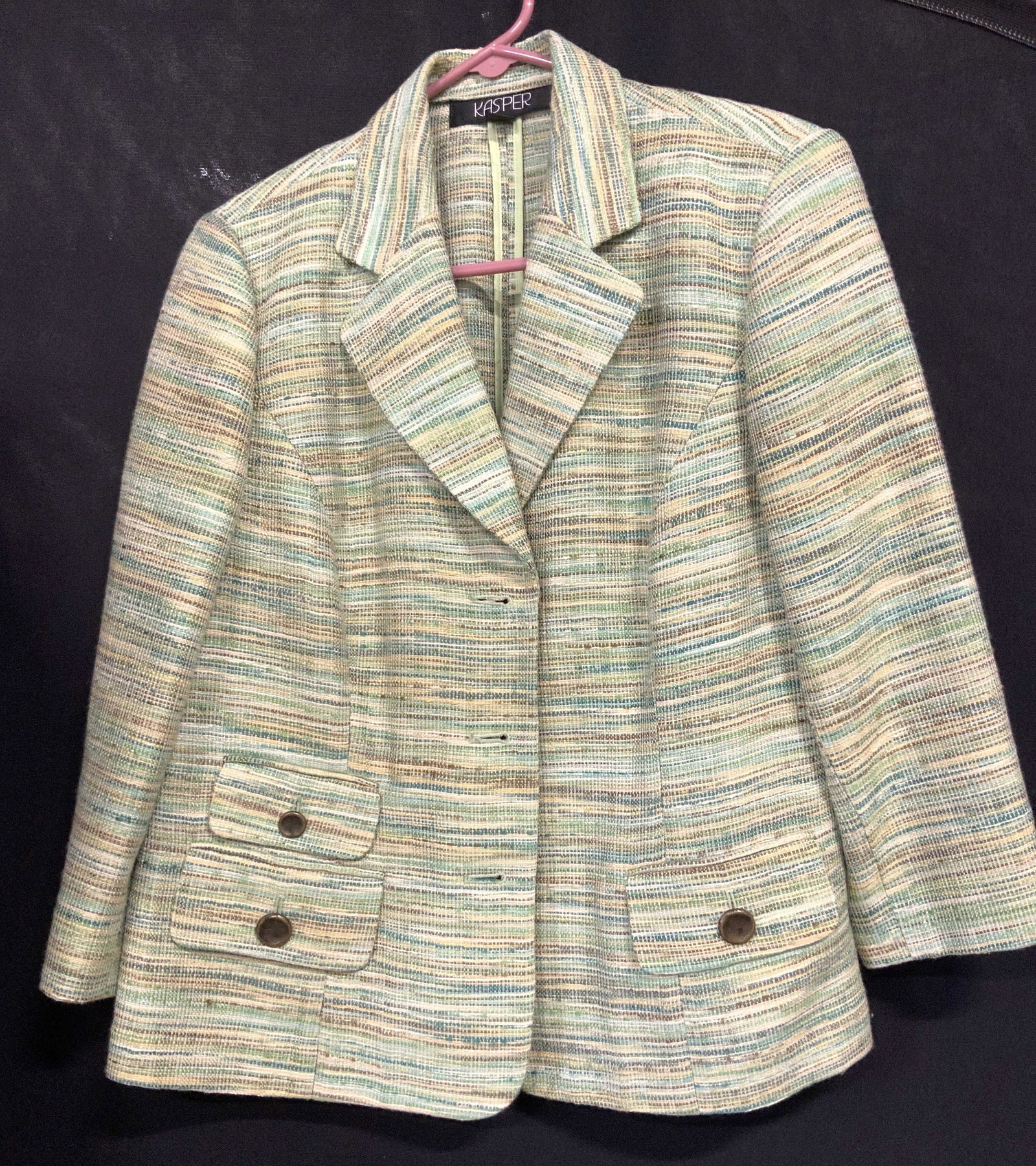 KASPER vintage Woven Teal Fabric Blazer: Acrylic and polyester vintage Designer labeled blazer, Kasper. Size 10. Blazer is in good vintage condition, possibly late 1980s fashion. Contemporary use, jazz up with a nice necklace or brooch for a