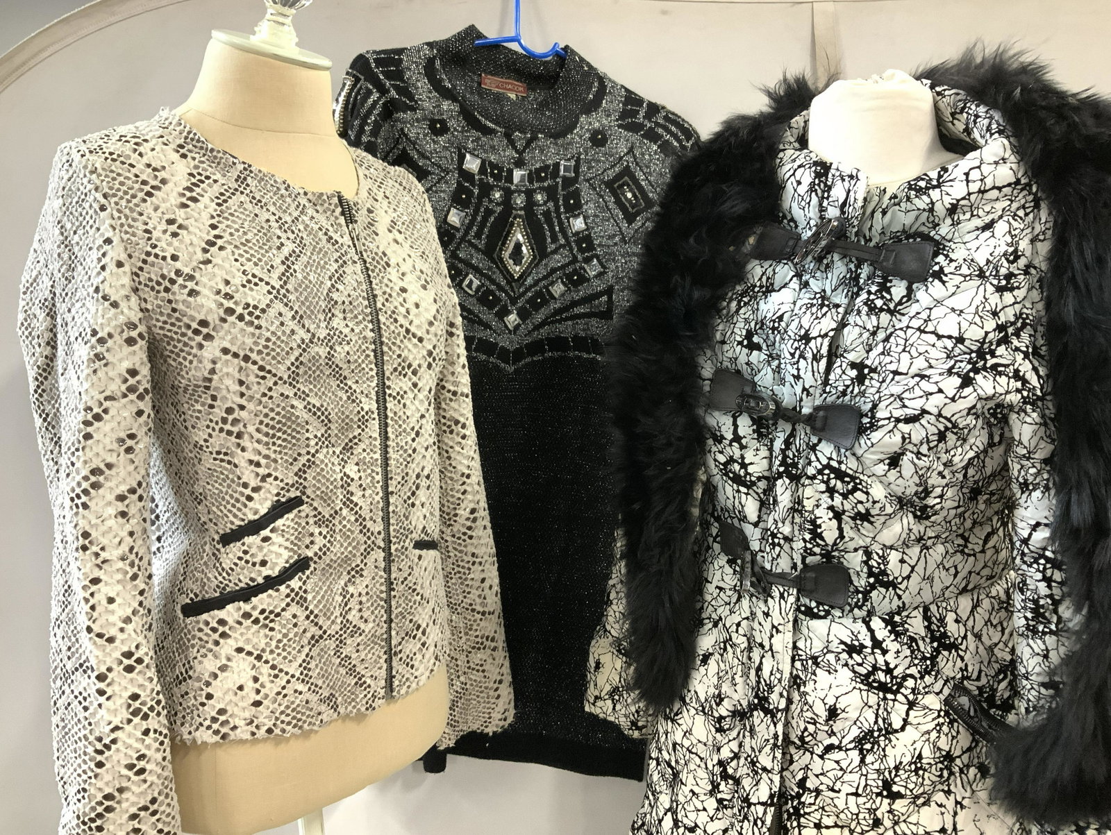 Vntg Italian And French Fashion Dress & Coats, 3: CHACOCK made in France Sweater Dress. Wool, acrylic, polyester & poly ice fabric. Mired square beads accent the silver metallic and black knit. Size Small/ Medium Luxury Snakeskin & leather Jacket, la