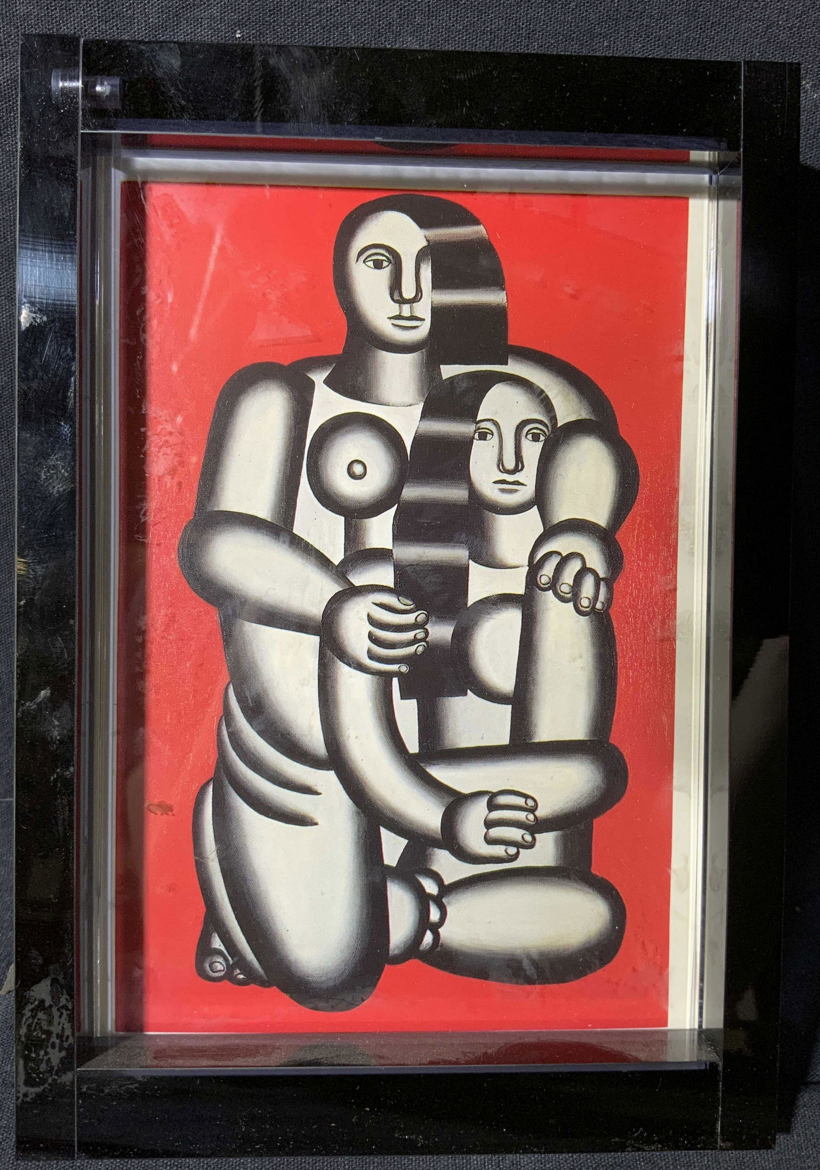 MOMA Double Sided Japanese Matchbox Art: MOMA Double Sided Japanese Matchbox Art With Magnetic Frame, upper edge of frame reads ‘MoMA’, subject a black cat against red background on one side and two nude women against red background to v