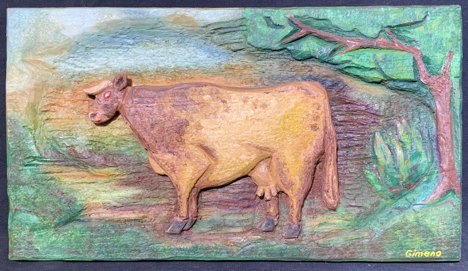GIMENO Hand Carved & Painted Cow Wood Relief Art (1 of 8)