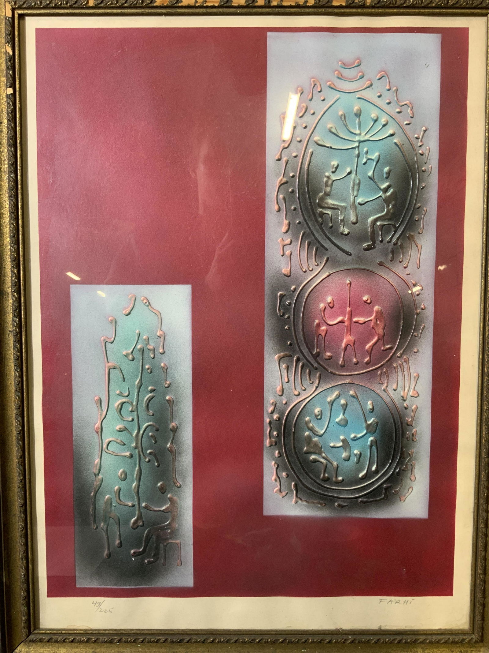 ATTR JEAN-CLAUDE FARHI SignedRaised Figural Mixed Media: ATTR JEAN-CLAUDE FARHI Raised Figural Mixed Media, signature to lower right reads ‘FARHI’, edition to lower left reads ‘49/225’, subject raised line drawings of two figures interacting, frame