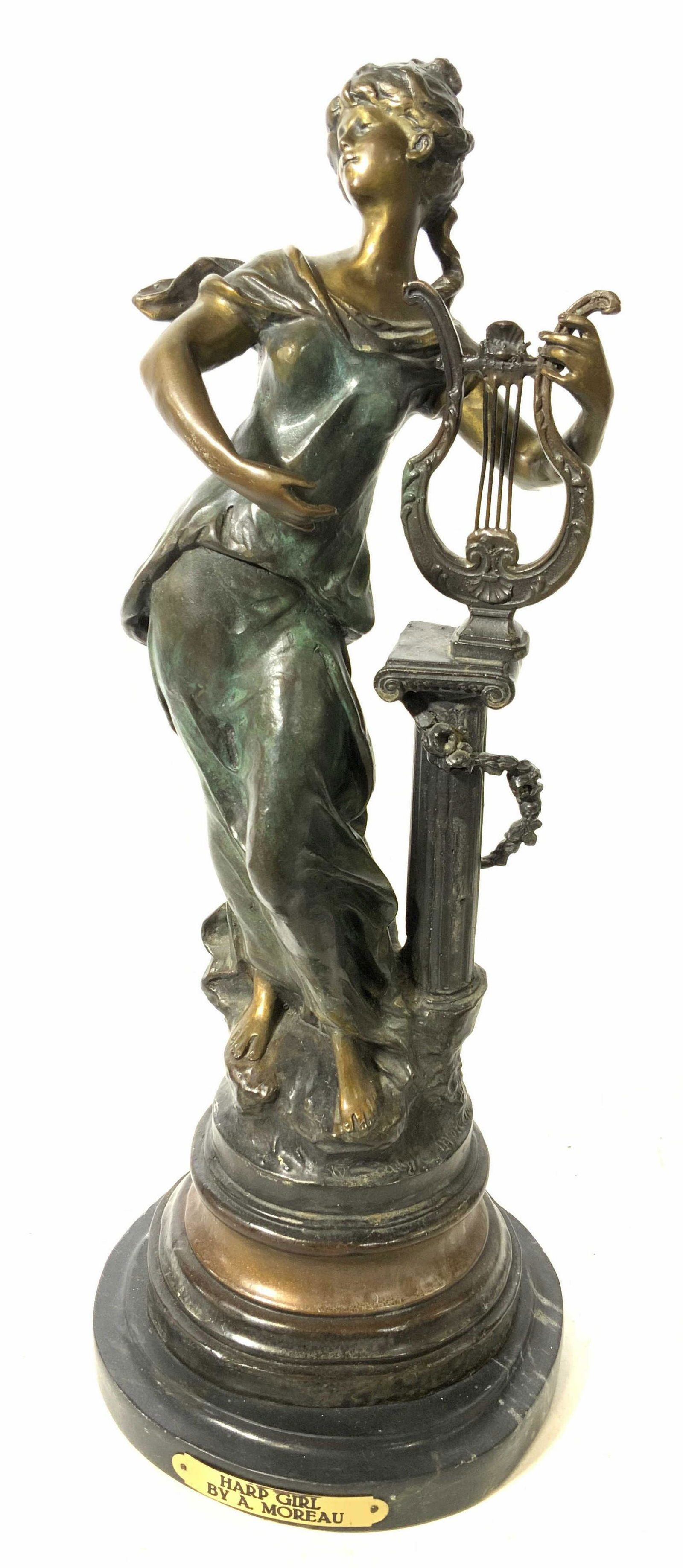LOUIS AUGUSTE MOREAU HARP GIRL Spelter Sculpt: Signed spelter sculpture, by FABRICATION FRANCAISE. Foundry stamp on back of sculpture. Depicts a young female figure playing a lyre. Sculpture is signed AUG MOREAU. Piece is vintage, possibly antique