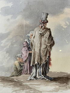 ATTR RICHARD WESTALL Signed Figural Watercolor on Paper: ATTR RICHARD WESTALL Figural Watercolor on Paper, signature to lower right reads ‘RW’, subject three people in dated clothing standing on a hill, frame measures 13 3b4 x 18 inches, window measures