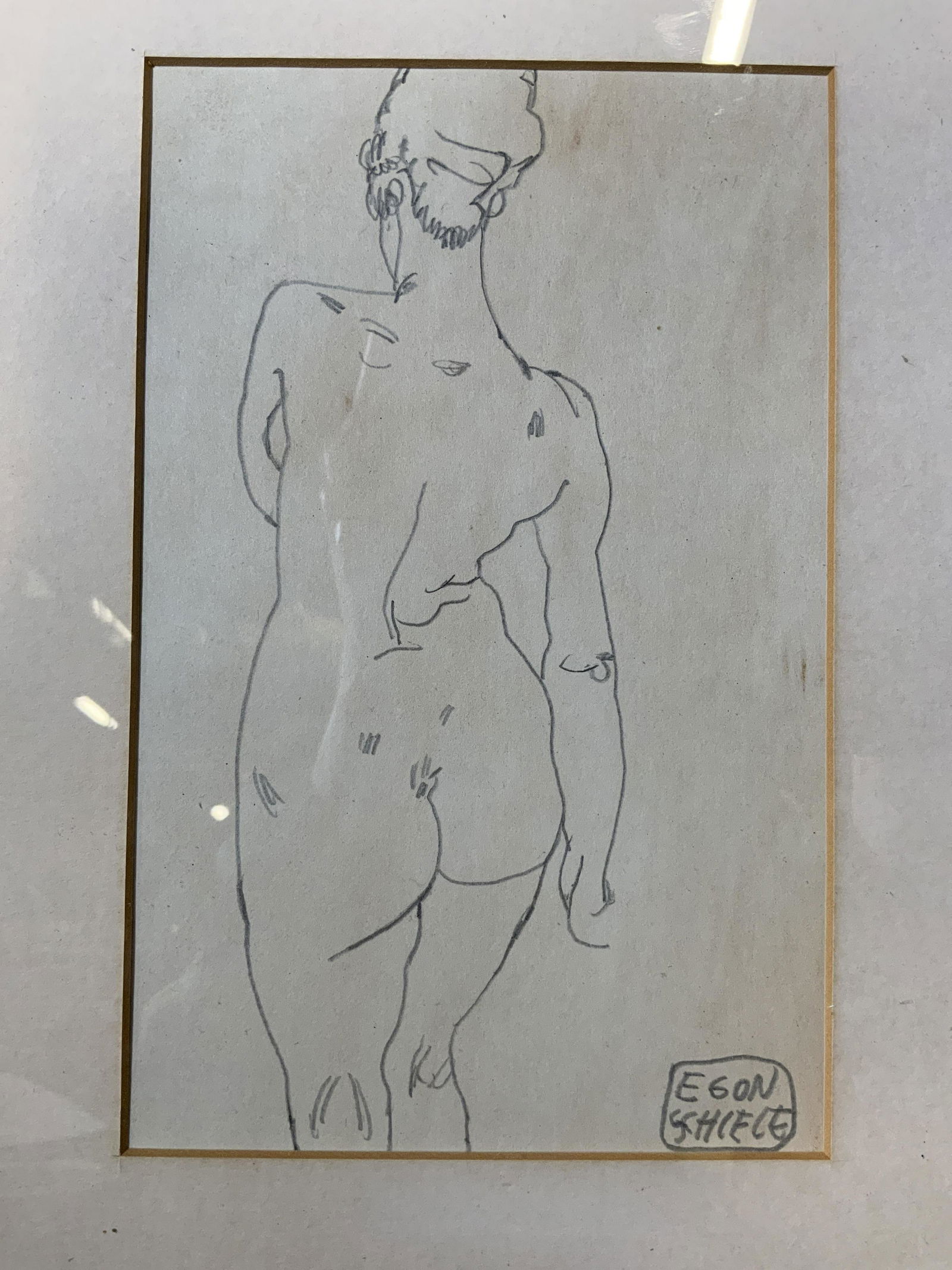 ATTR EGON SCHIELE Signed Nude Female Sketch: ATTR EGON SCHIELE Nude Female Sketch, signature to lower right reads ‘EGON SCHIELE’, verso reads ‘BOHLER AUKTIONK’, subject a female nude from behind, frame measures 10 x 13 inches, window mea