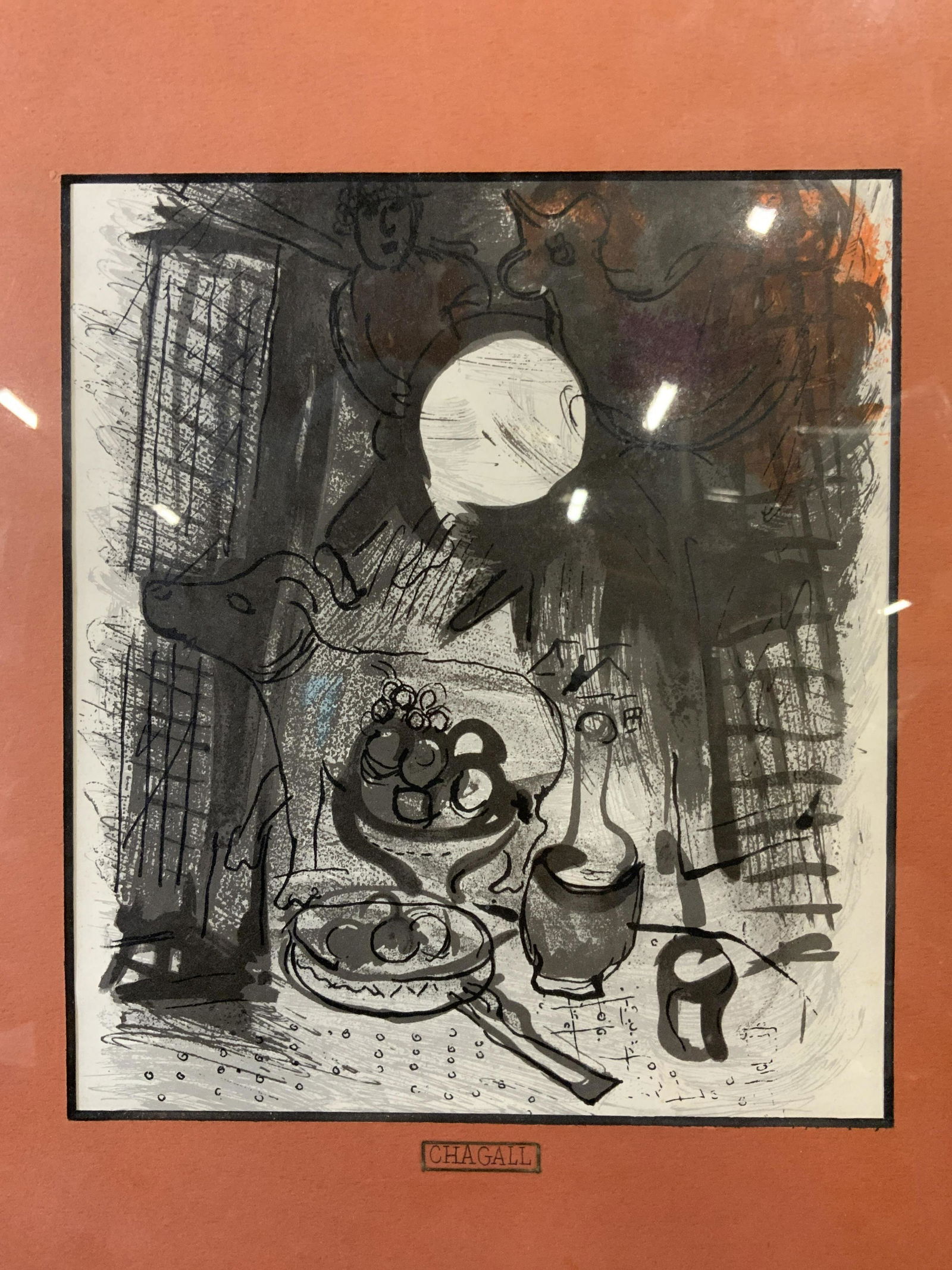 ATTR MARC CHAGALL Nature Morte Lithograph: ATTR MARC CHAGALL Nature Morte Lithograph, inscriptions to center below art reads ‘CHAGALL’, verso reads ‘CHAGALL, Nature Morte Lithograph from the Jacques Lassaigne Series 1956’, subject a sc