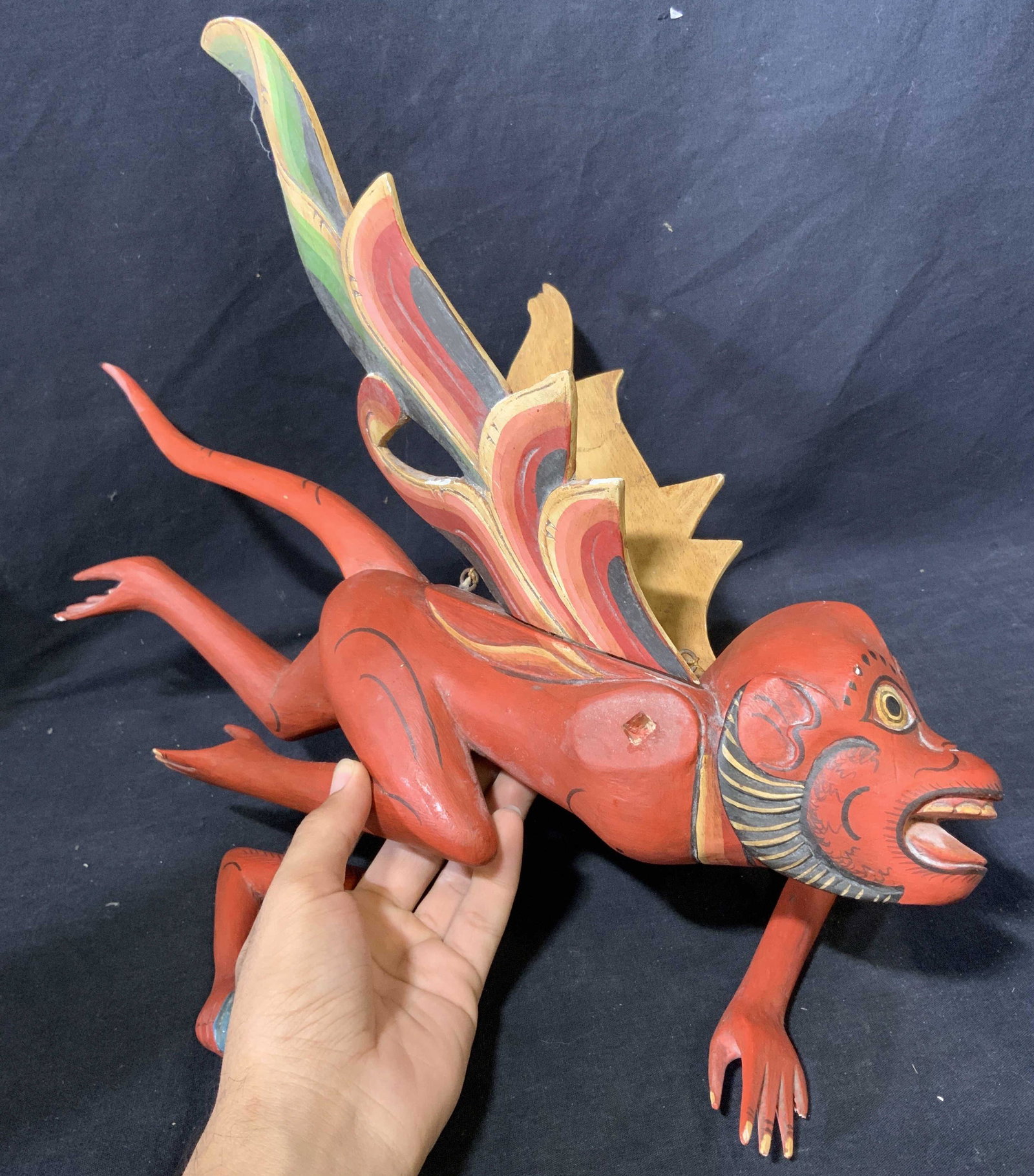 Asian Style Winged Wood Monkey: Winged Wood Monkey Asian Style, no apparent hallmarks to piece, monkey has a chip in his left wing and on his left hand pinky, monkey is in nude, phallic view from under, monkey has two rings on his b