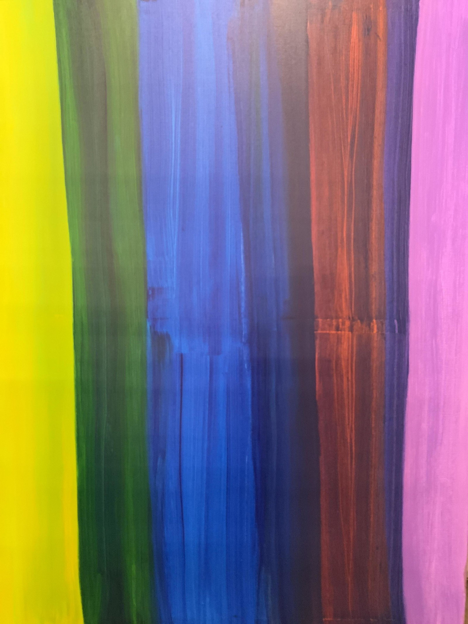 ATTR STANLEY LINDWASSER Vertical Secondary Hues: ATTR STANLEY LINDWASSER Vertical Secondary Hues, verso reads ‘STAN LINDWASSER 2019’, subject a large acrylic on stretched canvas painting of vertically striped hues of vibrant mostly secondary col