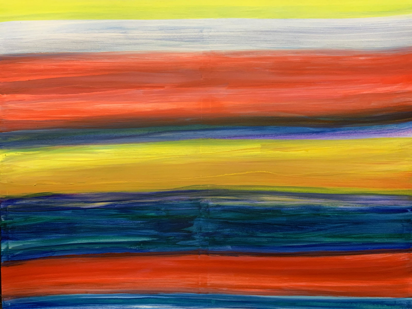 ATTR STANLEY LINDWASSER Sunrise Horizon: ATTR STANLEY LINDWASSER Sunrise Horizon, verso reads ‘STAN LINDWASSER 2019’, subject a large acrylic on stretched canvas painting of horizontal striped hues of vibrant warm toned colors that resem