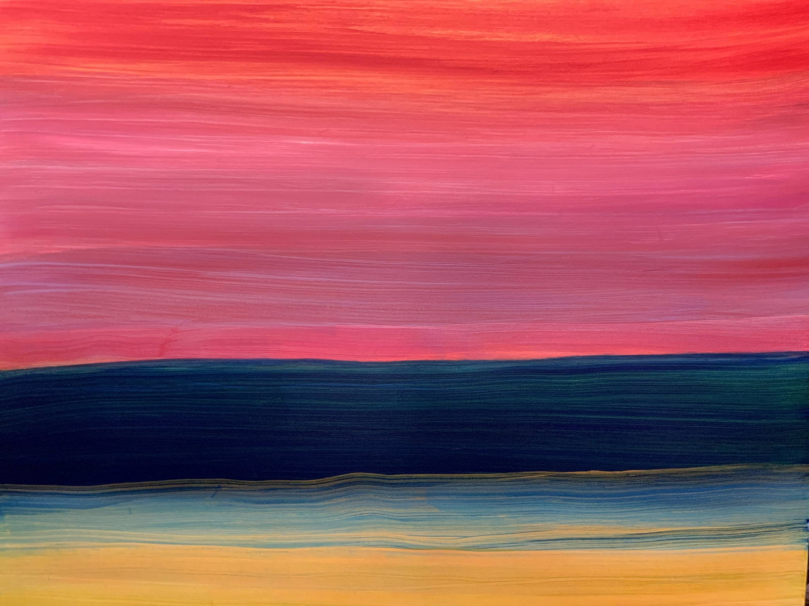 ATTR STANLEY LINDWASSER Beach Sunset: ATTR STANLEY LINDWASSER Beach Sunset, verso reads ‘STAN LINDWASSER 2019’, subject a large acrylic on stretched canvas painting of horizontal striped hues of vibrant colors that resemble a beach at