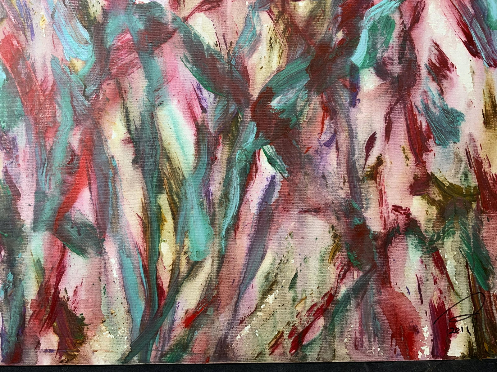 STANLEY LINDWASSER Colorful Abstract Acrylic: STANLEY LINDWASSER Colorful Abstract Naturescape, signature to lower right reads ‘S 2011’, verso reads ‘2011-215’, subject an acrylic painting on stretched canvas of abstract blotches of color