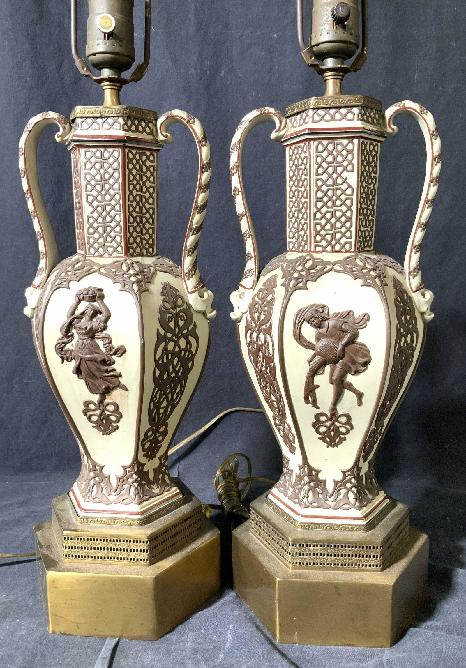 Pair Porcelain Neoclassical Lamps w Brass Base (1 of 9)