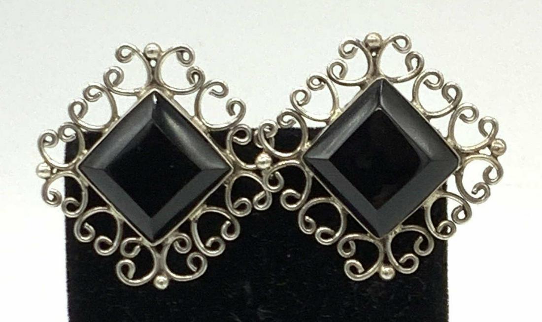 Mexican Silver Clip On Onyx Earrings, Jewelry (1 of 8)