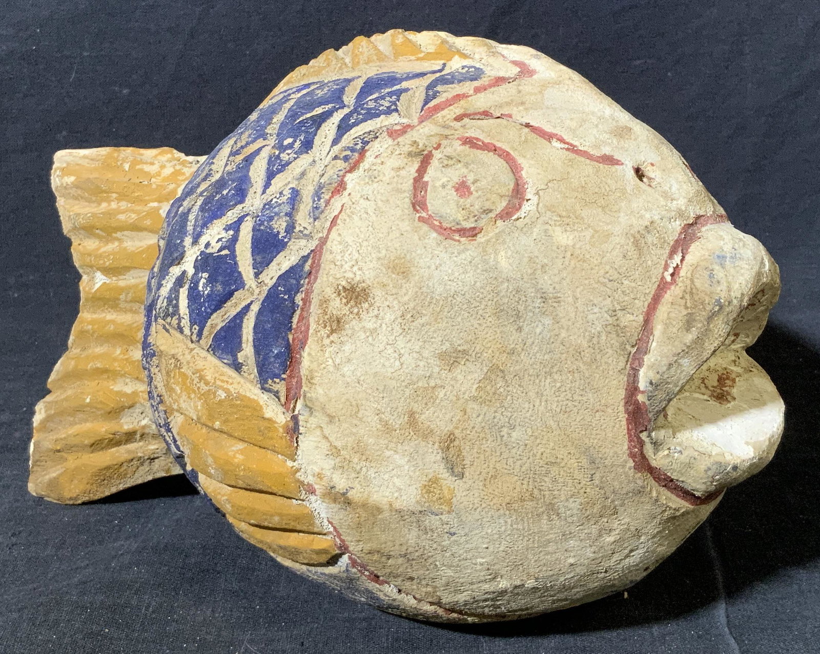 Chinese Painted Lucky Fish Feng Shui: Chinese Painted Lucky Fish, measures 9 1/2 l x 6 w x 6 1/4 h inches, wear consistent with age and use, made of reclaimed wood. Artwork, tabletop art, home decor, lucky fish, Chinese lucky fish, Chines