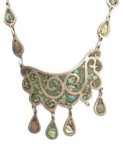 Mexican 980 Silver Bib Necklace, Turquoise Inlay (1 of 7)