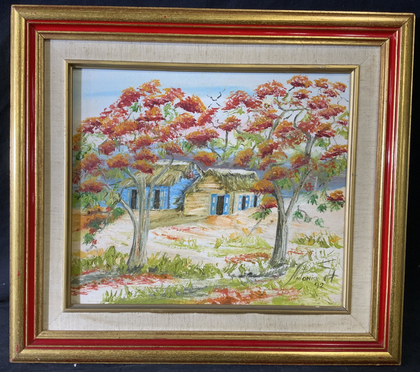 ANTONIA H GARCIA Signed acrylic on Canvas: ANTONIA H GARCIA Signed acrylic on Canvas, signature to lower right reads ‘Antonia H ‘92’, verso reads ‘o’leo, Antonia Garcia de Hernandez’, subject a view of traditional Caribbean home wi