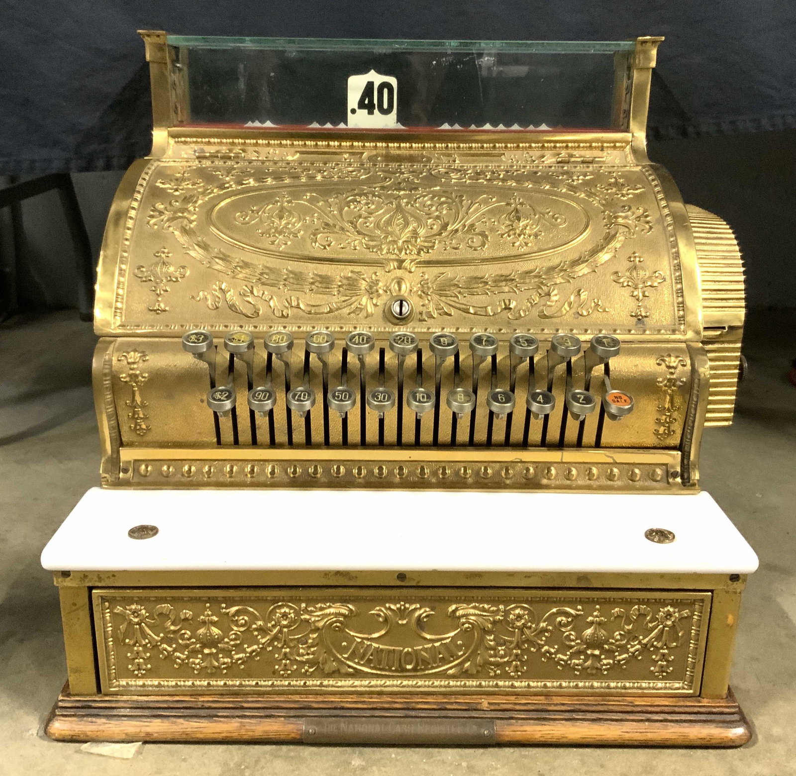 NATIONAL Gilt Bronze Antique Ornate Cashier: Backside reads NATIONAL piece appears to possibly be gilt bronze. Piece is Edwardian style & antique circa 1910. Cashier has intricate ornate detail. Measures approx 17 inches tall 19 inches long 16 i