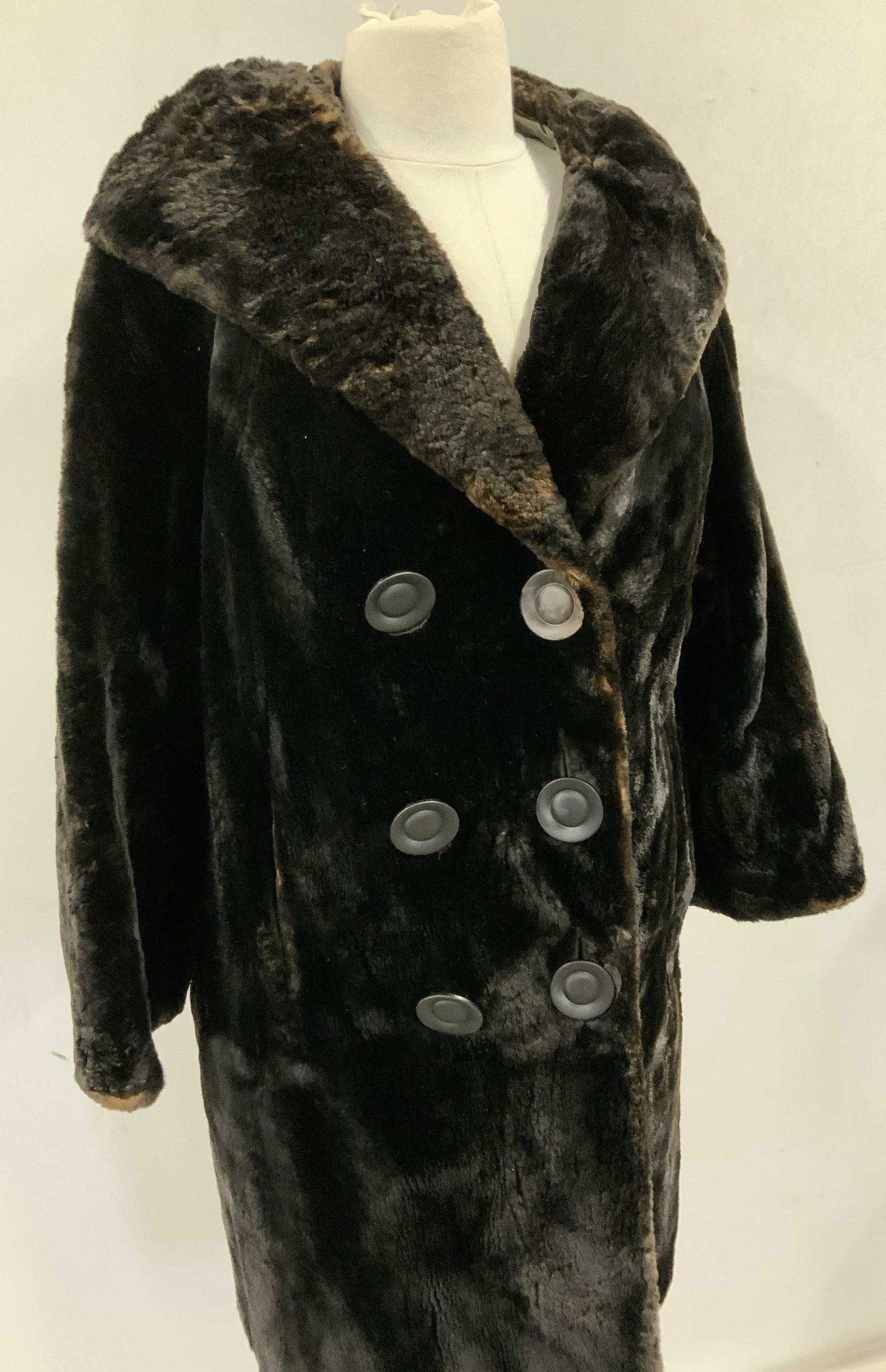 Sheared Beaver Double Breasted Vintage Coat: Custom Made Sheared Beaver Winter Coat, super soft, silk lined with stitching in tact. Monogrammed Helen E, big bold buttons, double breasted with inner waist tie. 40 in. Long, waist app 45 in. , 14 i