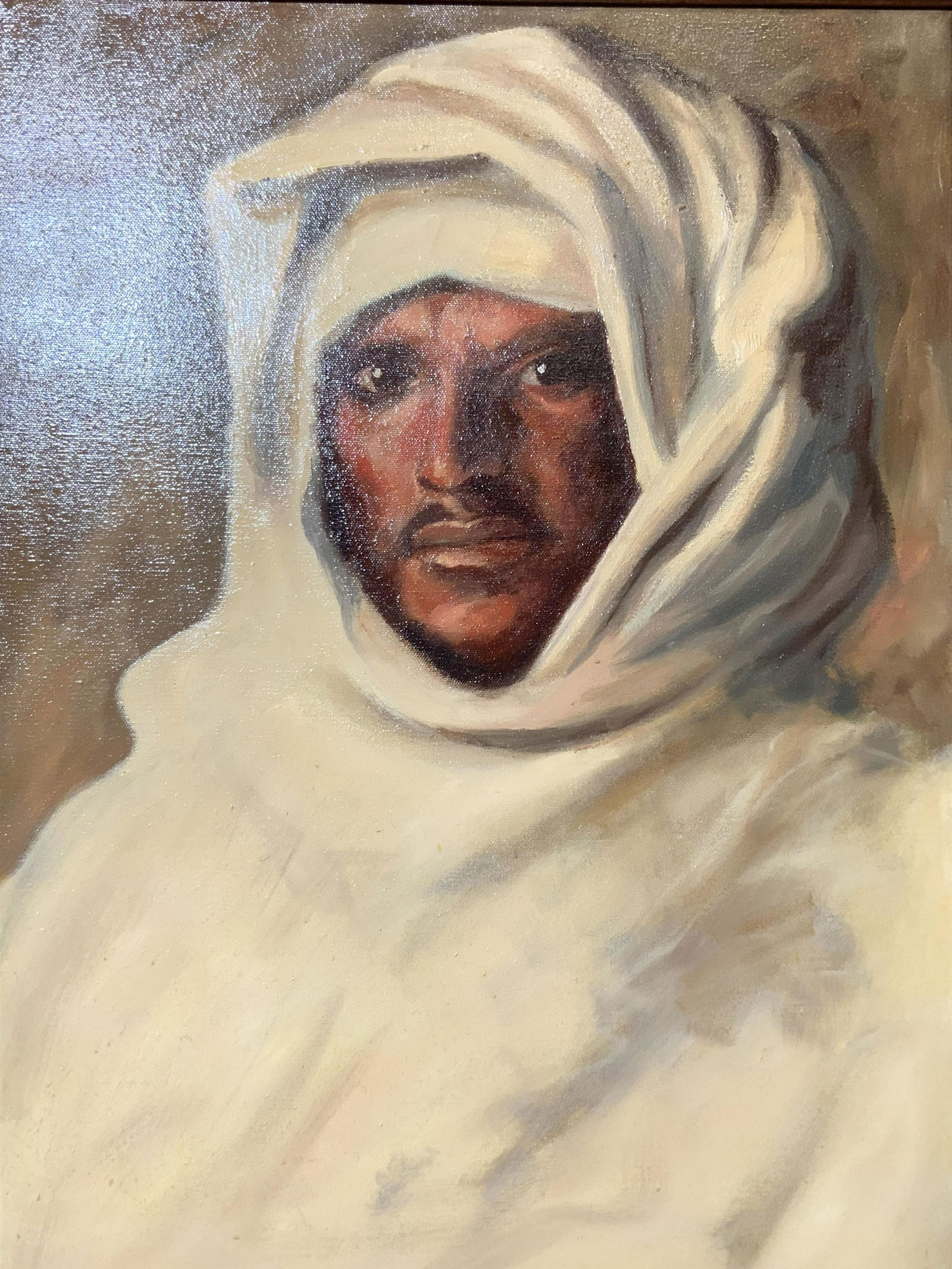 Man's Portrait Oil on Canvas After Singer Sargent: Oriental Man Portrait Oil on Canvas, verso reads ‘AFTER JOHN SINGER SARGENT’, subject a portrait of a man in a cloth head covering, frame measures 23 x 28 1/2 inches, window measures 17 1/2 x 23 1