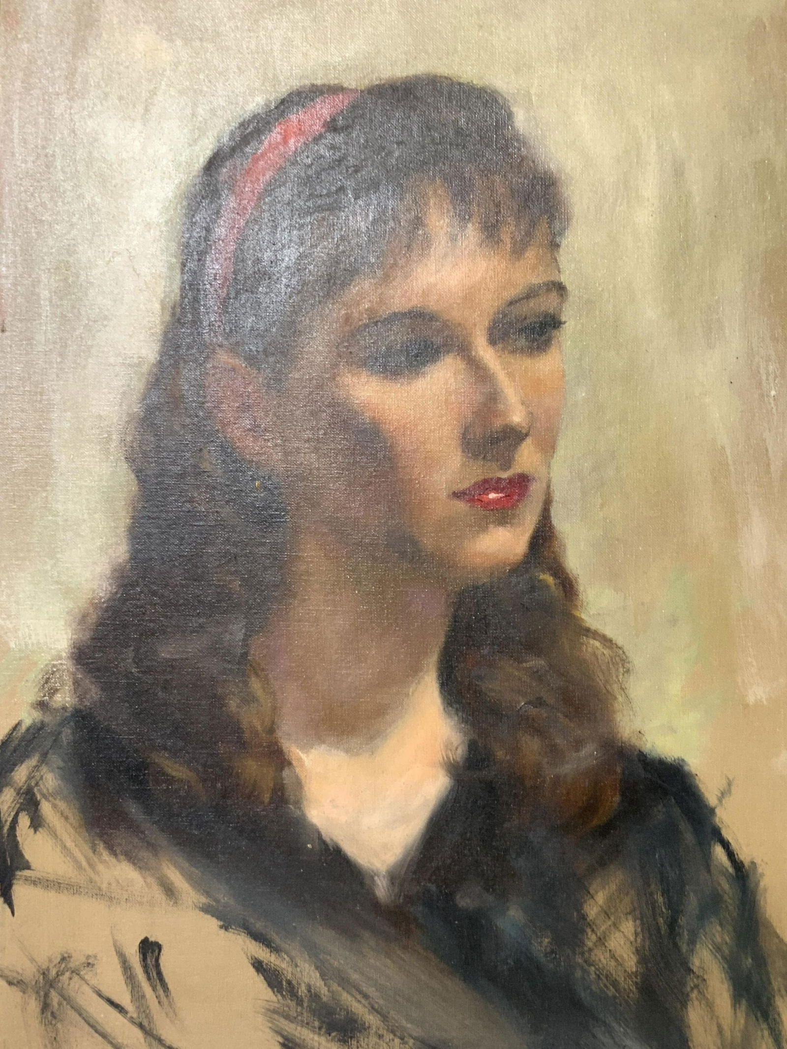 ATTR LEON KROLL Signed Portrait Woman Oil Canvas: ATTR LEON KROLL Portrait of Woman Oil on Canvas, signature to lower left reads ‘ LEON KROLL’, subject a portrait of a woman wearing a red headband, frame measures 25 x 31 inches, window measures 1