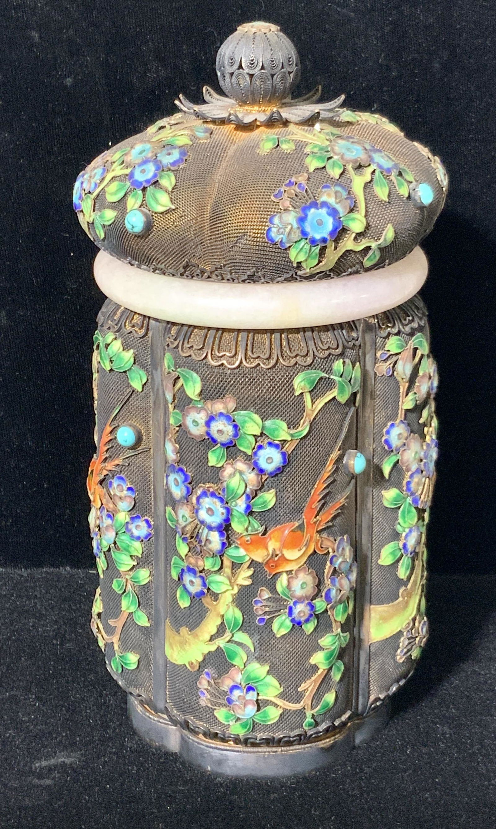 Vintage SILVER & Jadeite Enameled Asian Tea Caddy (1 of 11)