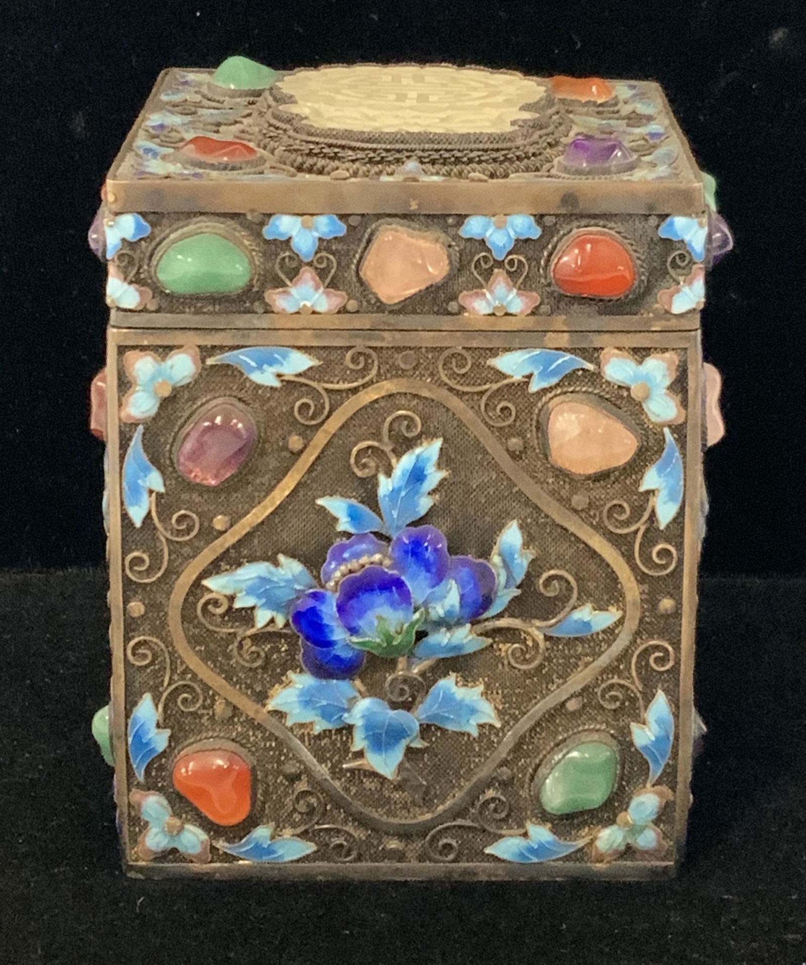 Vintage Asian SILVER & Enamel Tea Caddy (1 of 10)