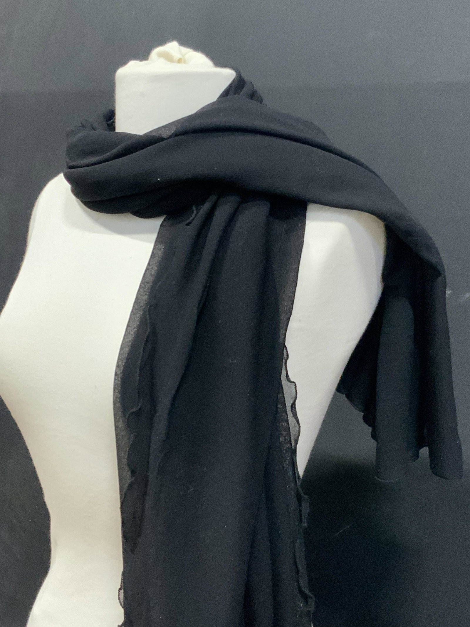 Vintage Sheer Black Ladies Shawl: A vintage black shawl, possibly polyester, material is sheer with ruffled rolled edges. Measures approximately 57.25 x 52.25 in. No tag, and needs cleaning. Ladies Wearables, Vintage Fashion, Clothing