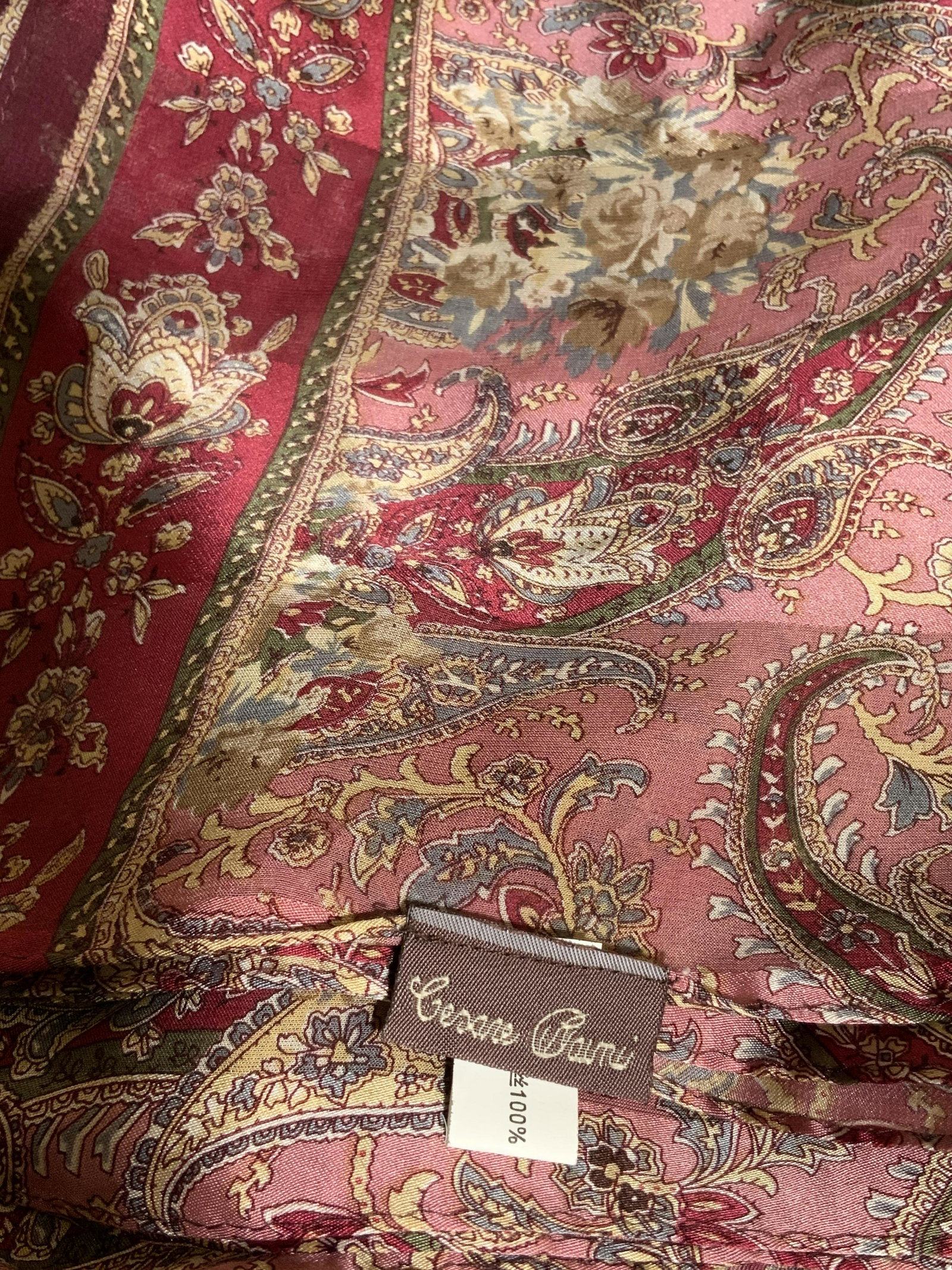 Vintage Hand Rolled Polyester Scarf: Vintage Hand Rolled Polyester Scarf, tag possibly reads ‘Cesare Raini’, measures 21 x 66 inches, wear consistent with age and use. Wearables, vintage wearables, vintage hand-rolled polyester scarf