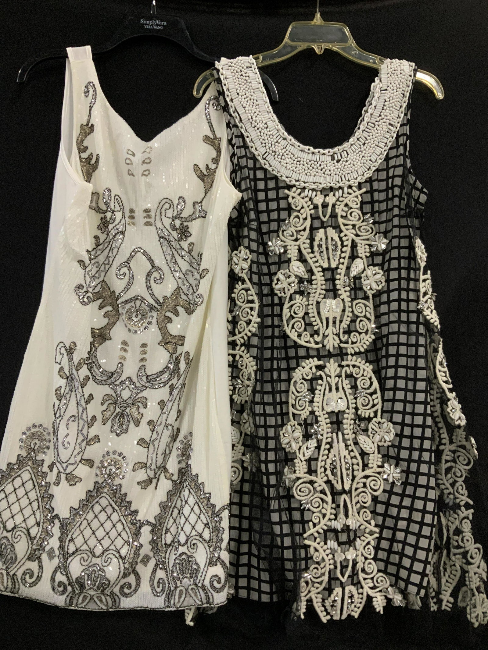 NWT NUDHA COUTURE, TRACY REESE Dresses: Both dresses are boutique sleeveless dresses with 1960s vibe, yet contemporary. White sequin dress labeled Nudha Couture, never worn with original tag, size L with stretch. Interior lining for front p