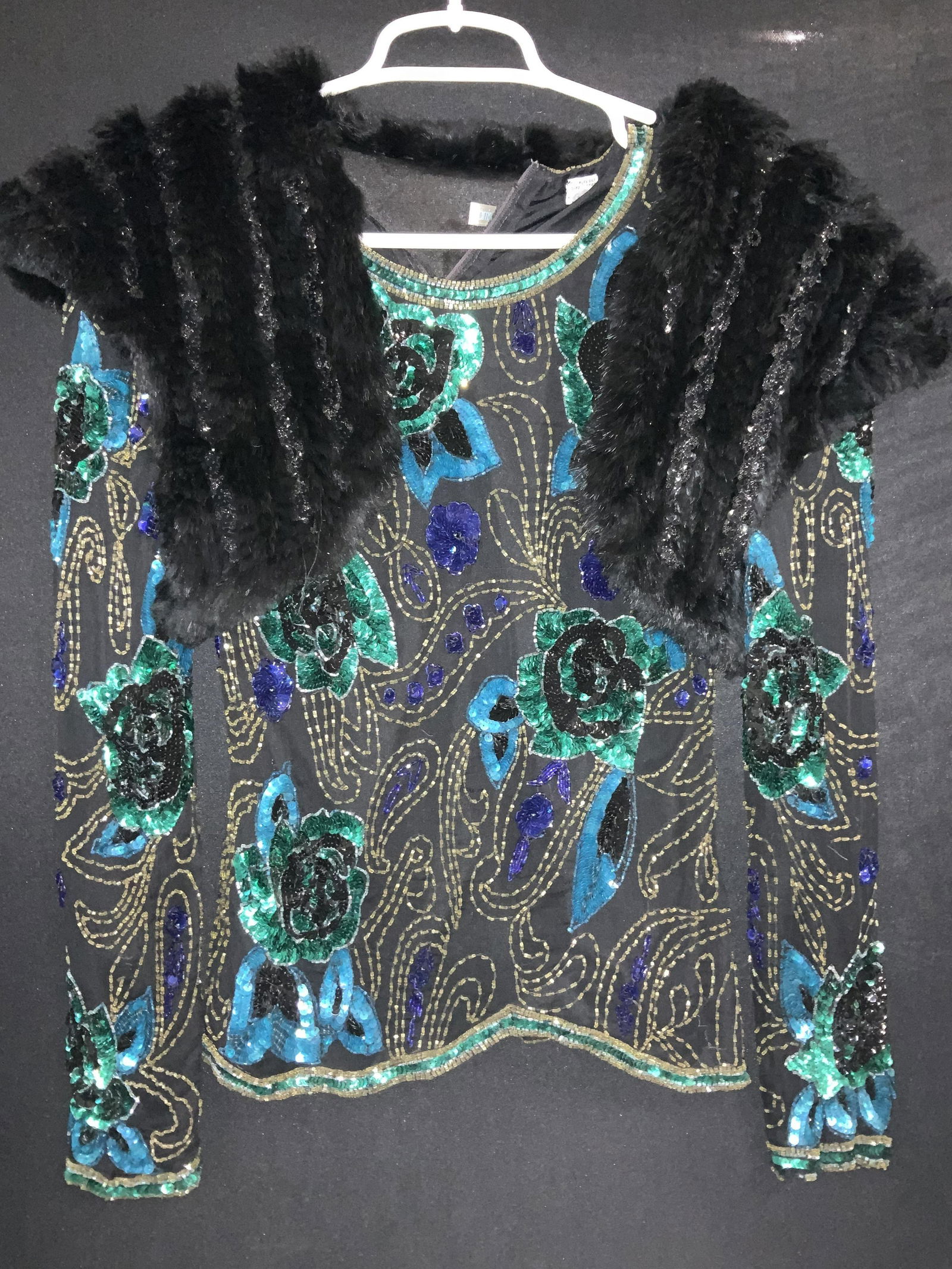 Beaded Silk Blouse w Rabbit Fur Shoulder Vest (1 of 12)