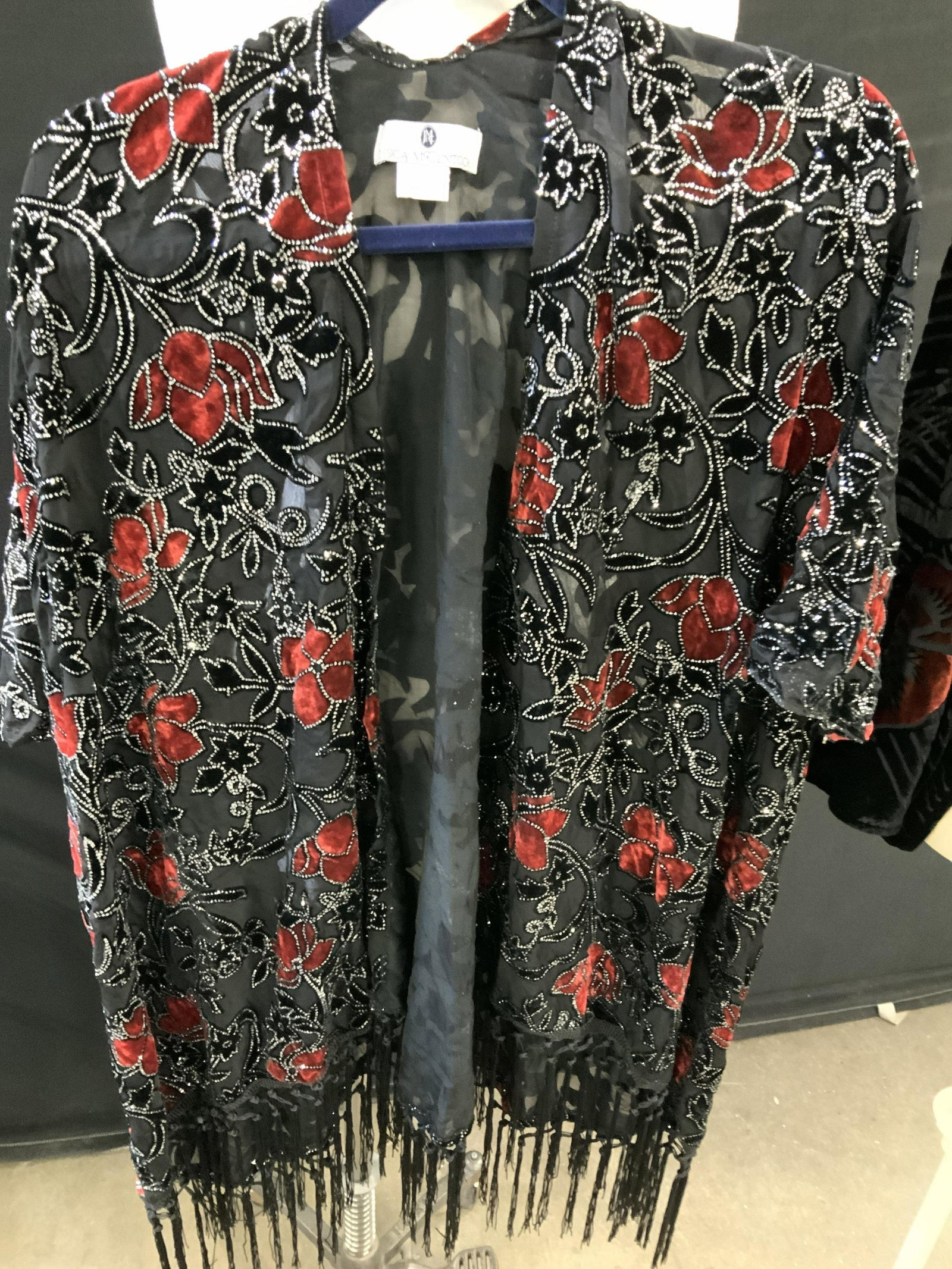 Ladies Fashion Cardigans, Jessica McClintock: Jessica McClintick balck dressy cardigan with velvet flowers and diamanté glitter outline. Size 2x, possibly 1x. Tassel hem. Size Large black velvet shirt, designer Anie A. Asian button style down ce