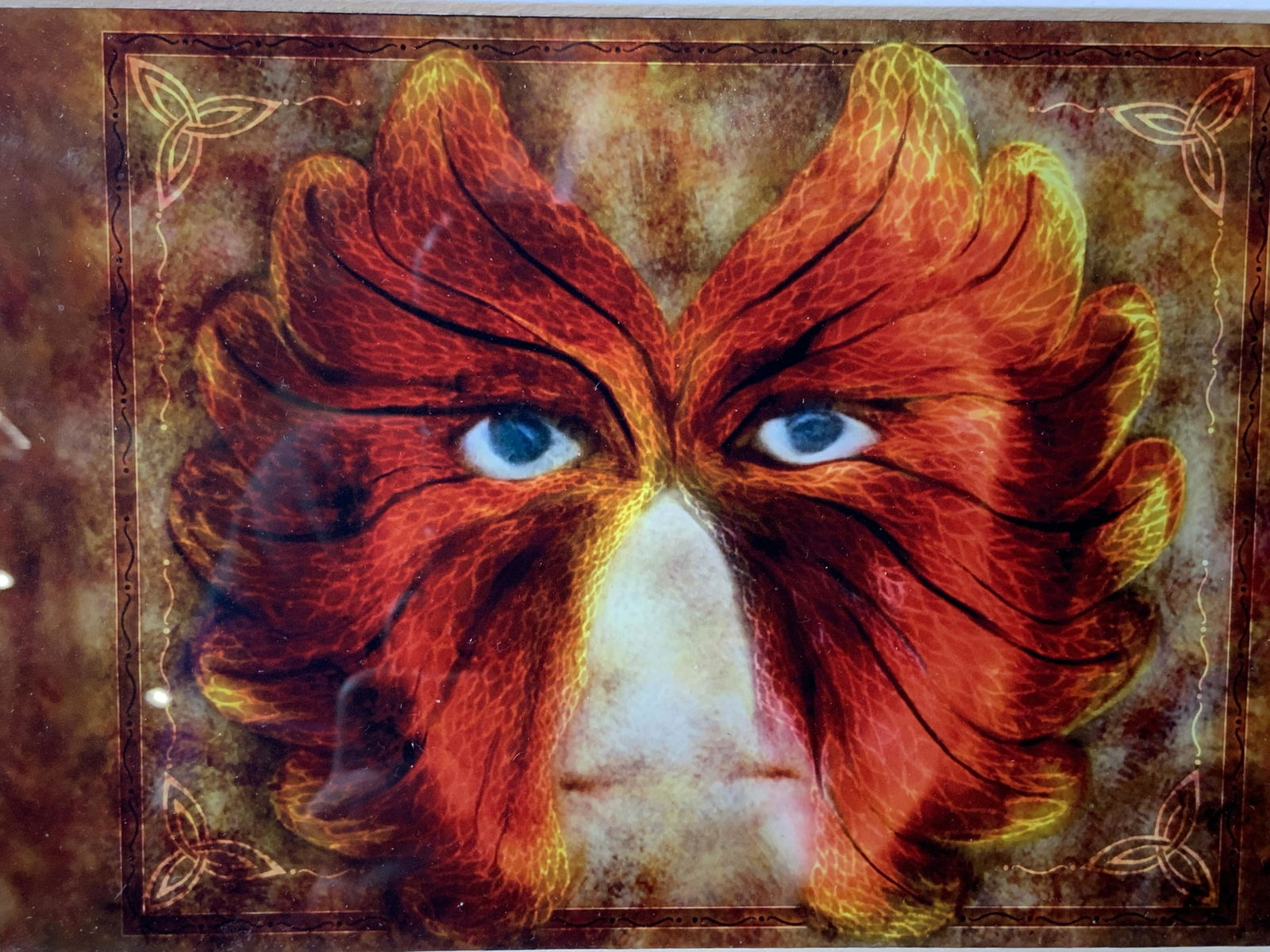 Disembodied Eyes Framed Silkscreen: Disembodied Eyes Framed Silkscreen, no apparent inscriptions or mark to piece, subject a pair of eyes set into an orange feather like design, frame measures 10 x 8 1/2 inches, window measures 6 1/2 x