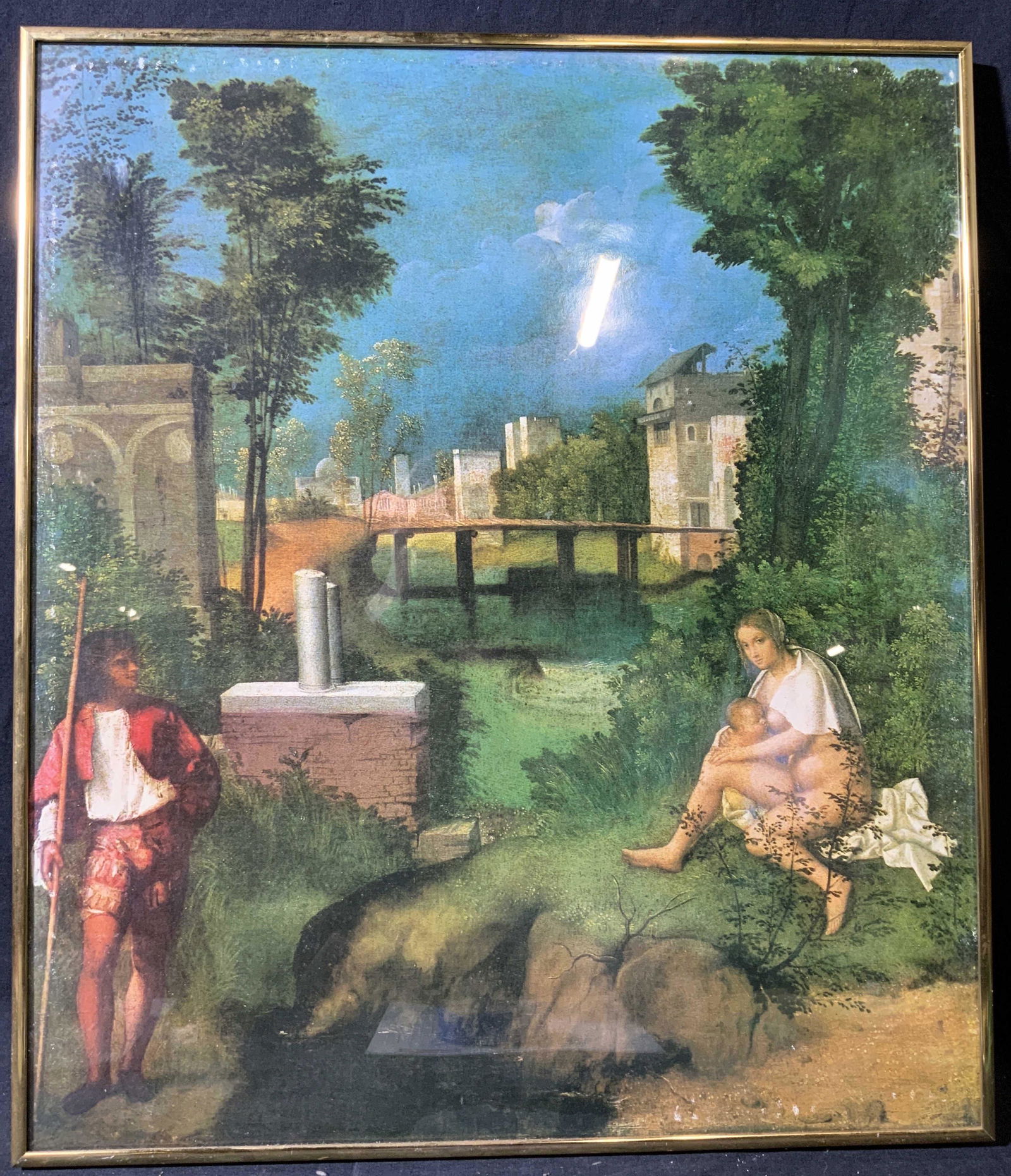 Woman Breastfeeding by the Water Lithograph: Woman Breastfeeding by the Water Lithograph, no apparent inscriptions or mark to piece, subject a woman nursing a baby by a body of water while a man stands nearby and watches, frame measures 17 1/2 x