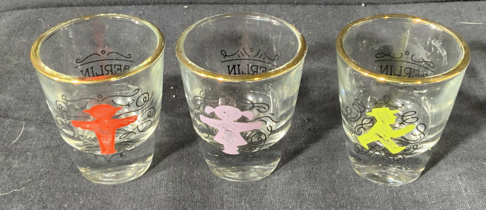 Lot of Three Berlin Shot Glasses: Lot of Three Berlin Shot Glasses, measure 2 inches h, 1 1/2 inches in diameter, surface wear consistent with age and use, Shot glasses, glasses, glass, alcohol, Berlin, glass 5