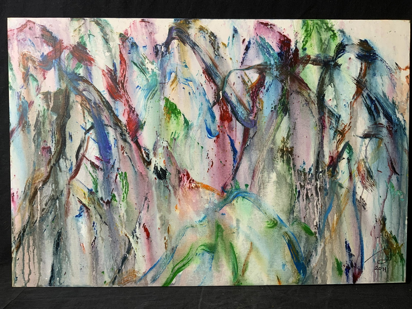 ATTR STANLEY LINDWASSER Colorful MountainScape: ATTR STANLEY LINDWASSER Colorful MountainScape, signature to lower right reads ‘S 2011’, verso reads ‘2011-220’, subject an acrylic painting on stretched canvas of abstract mountains crowding 