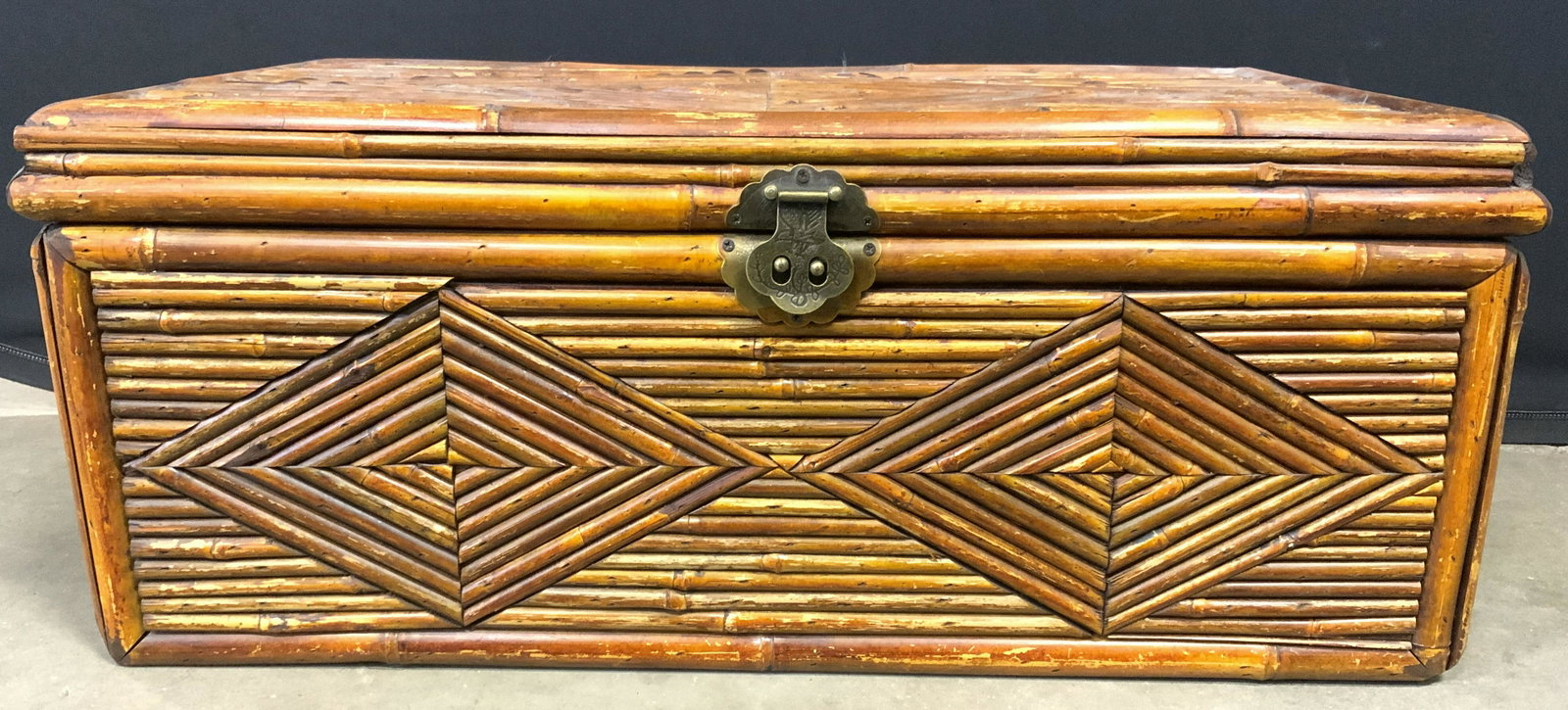 Vintage Wooden Bamboo Chest W Lid: Chest is vintage possibly antique. Piece appears to be crafted from bamboo. Chest appears to possibly be hand crafted. Piece has gold toned metal locking mechanism which appears to be brass. Chest has