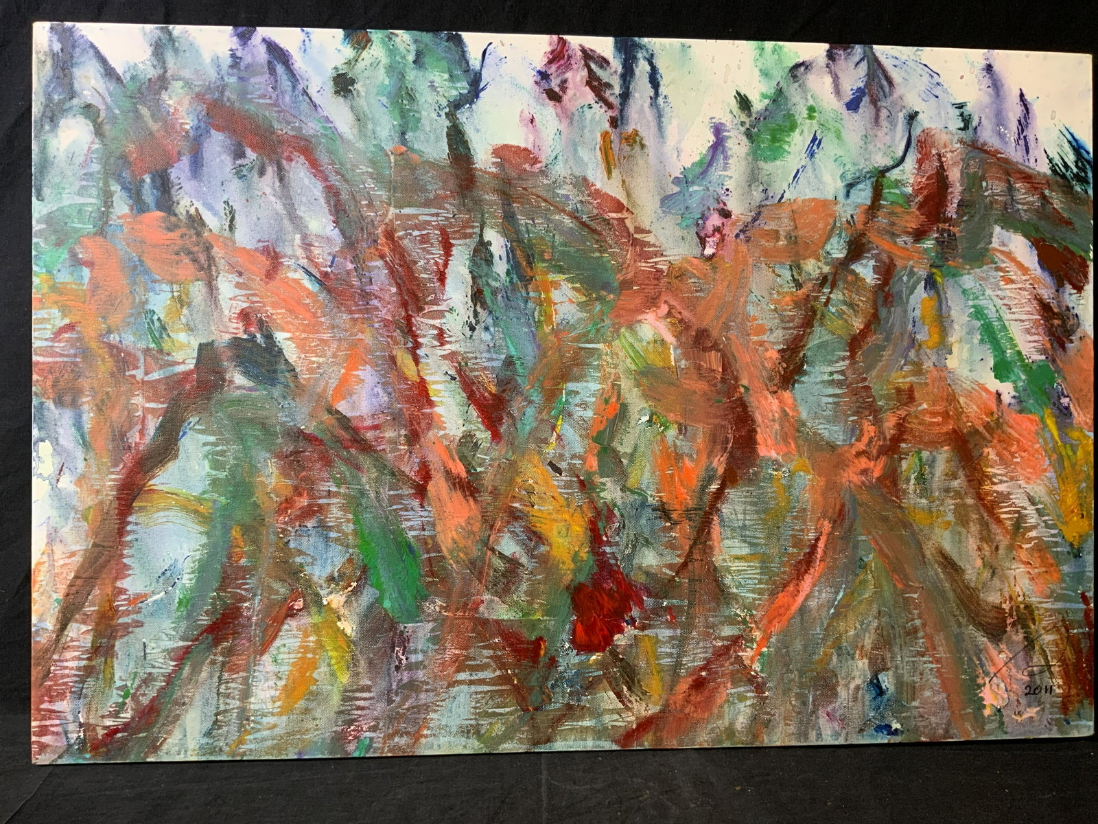 ATTR STANLEY LINDWASSER Abstract Autumn Leaves: ATTR STANLEY LINDWASSER Abstract Autumn Leaves, signature to lower right reads ‘S 2011’, verso reads ‘2011 219’, subject an acrylic painting on stretched canvas of abstract colors that resembl